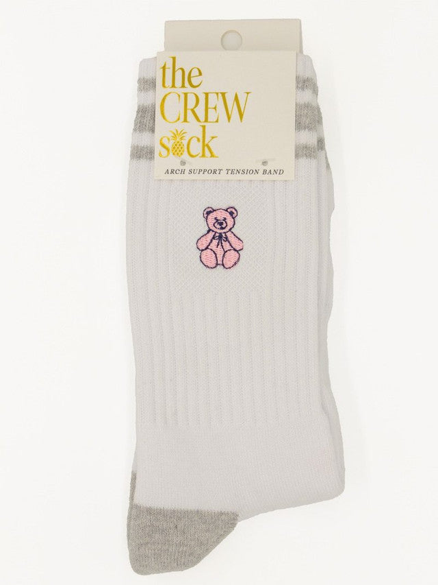 . Simply Southern Women's Embroidered Pink Bear Crew Socks