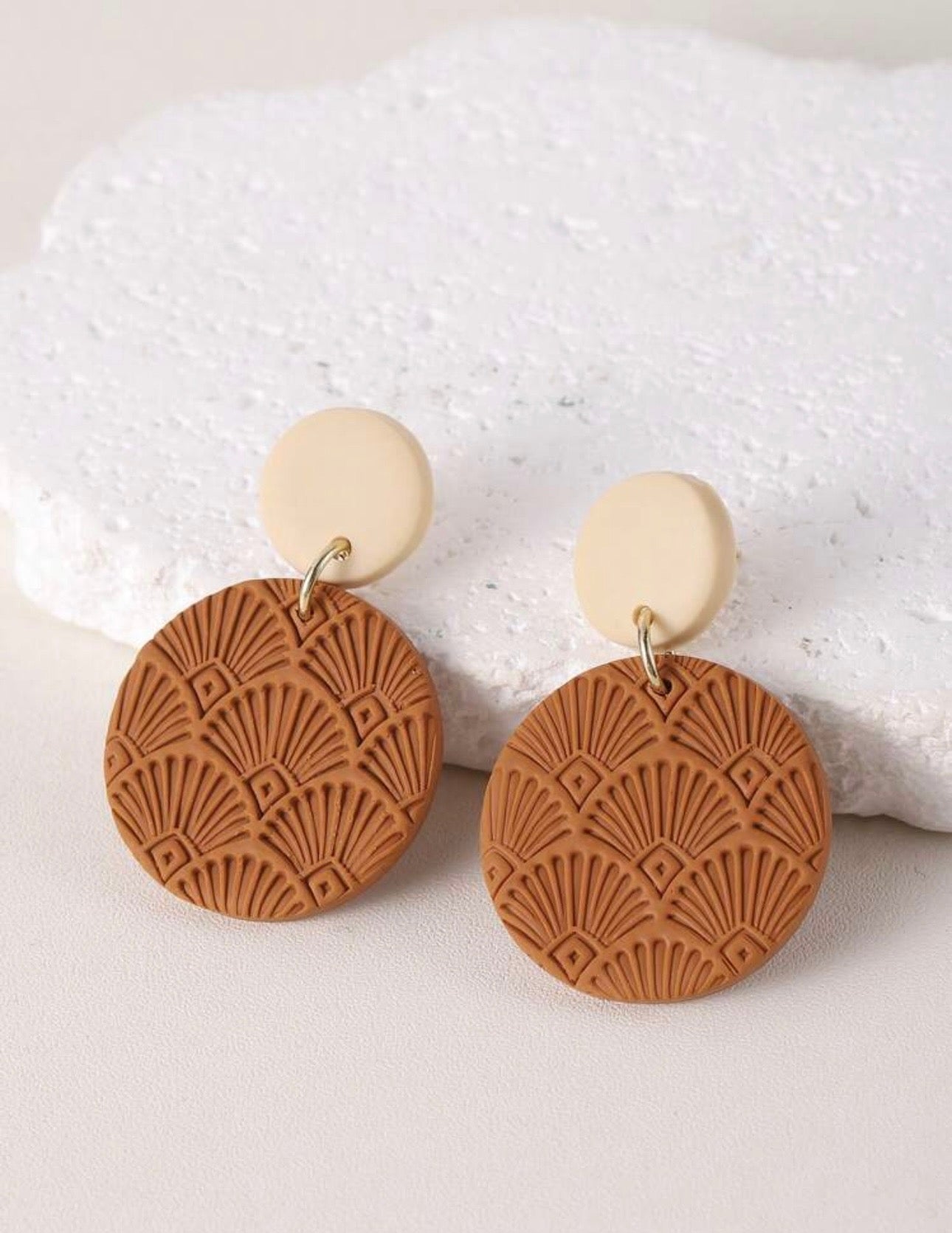 . Tribby Tan and Brown Circle Fan Earrings