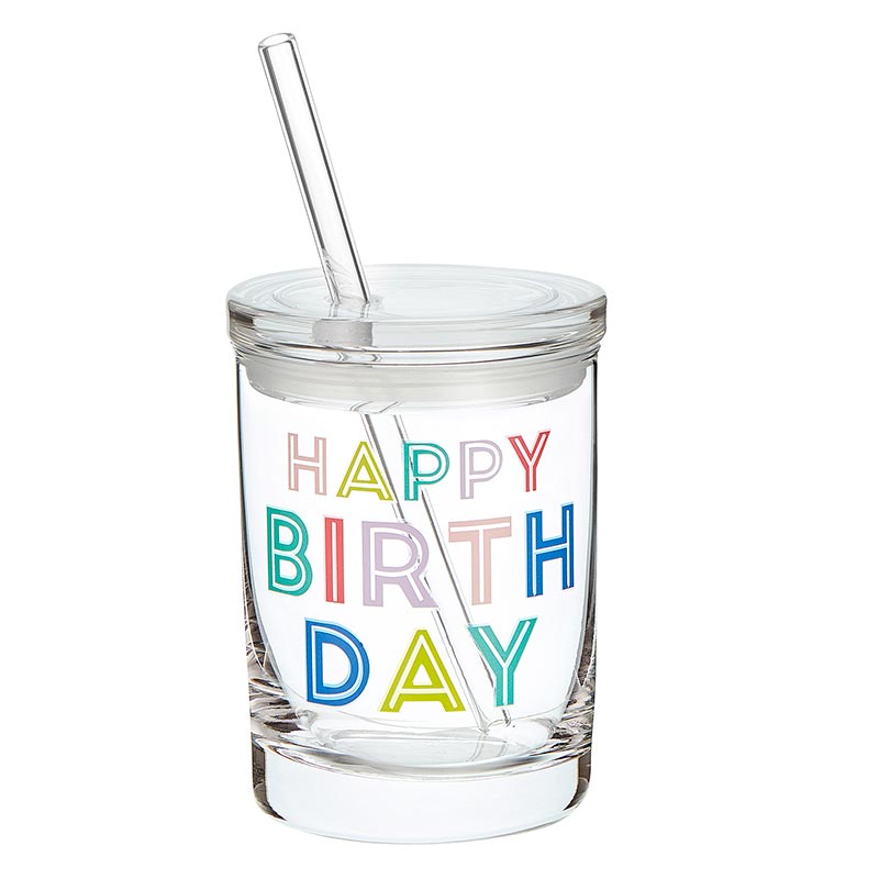 Happy Birthday Glass with Straw and Lid