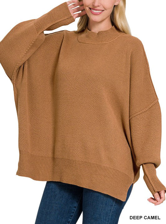 While I’m Away Camel Side Slit Oversized Sweater