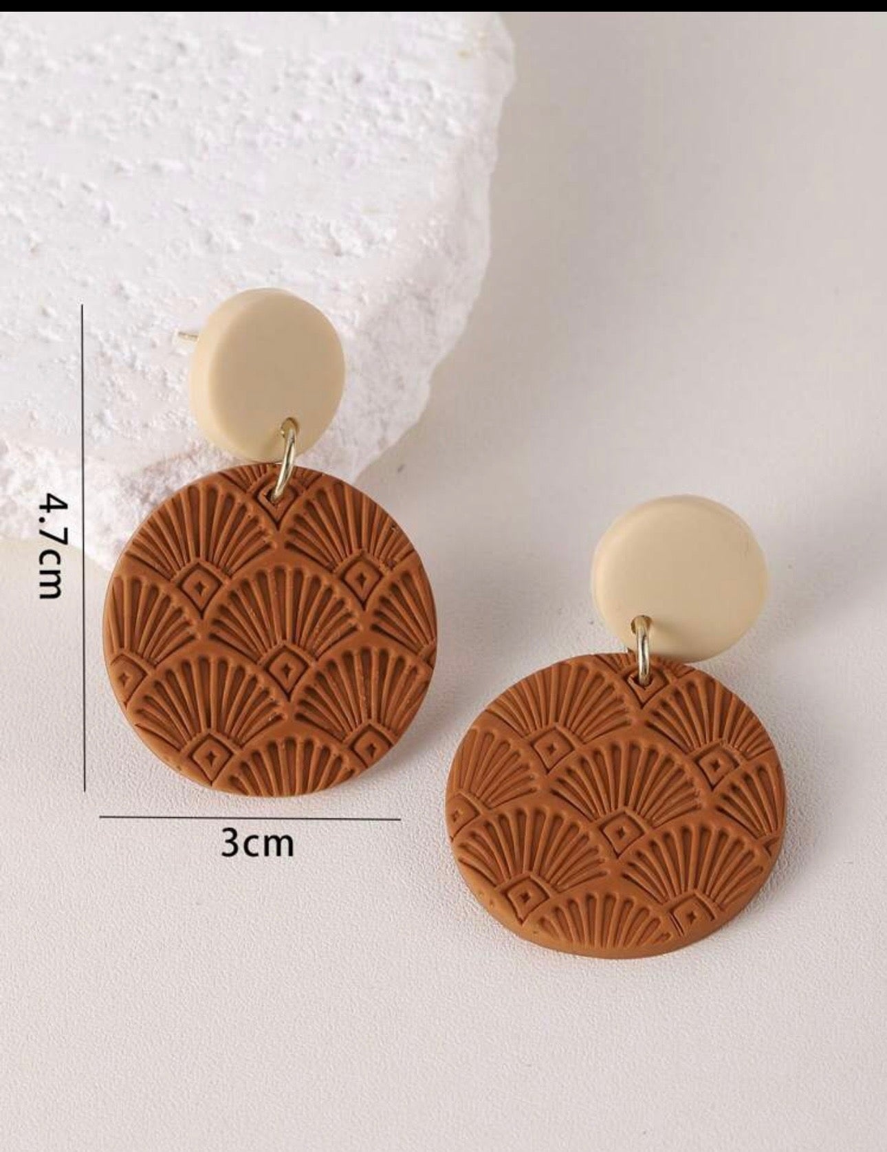 . Tribby Tan and Brown Circle Fan Earrings