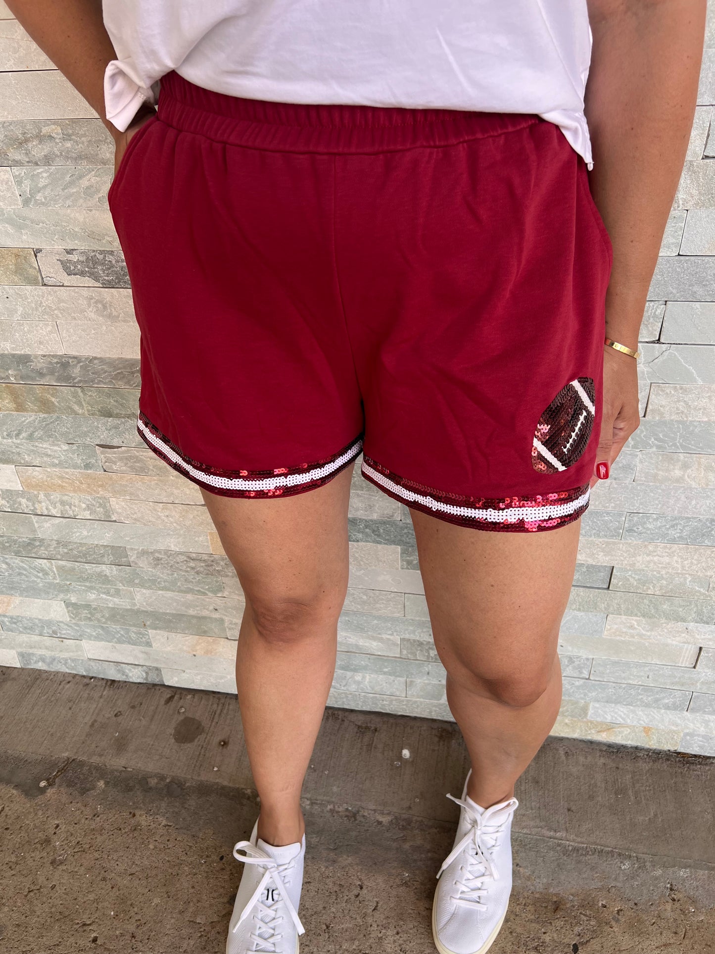 Wine Sequin Football GameDay Terry Shorts