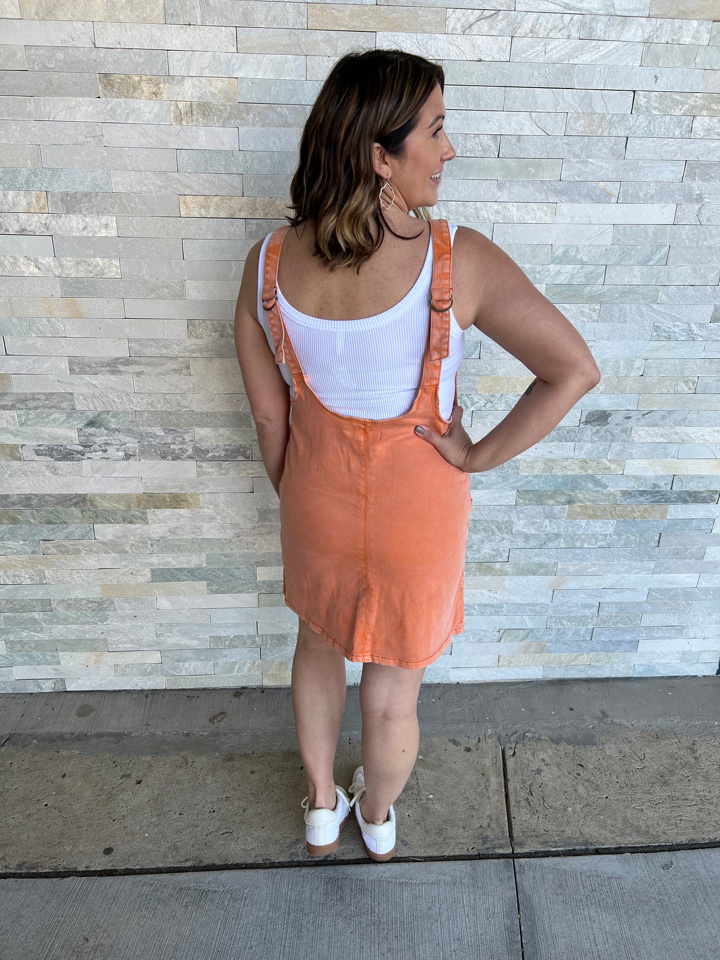 . Common Ground Orange Denim Overall Dress