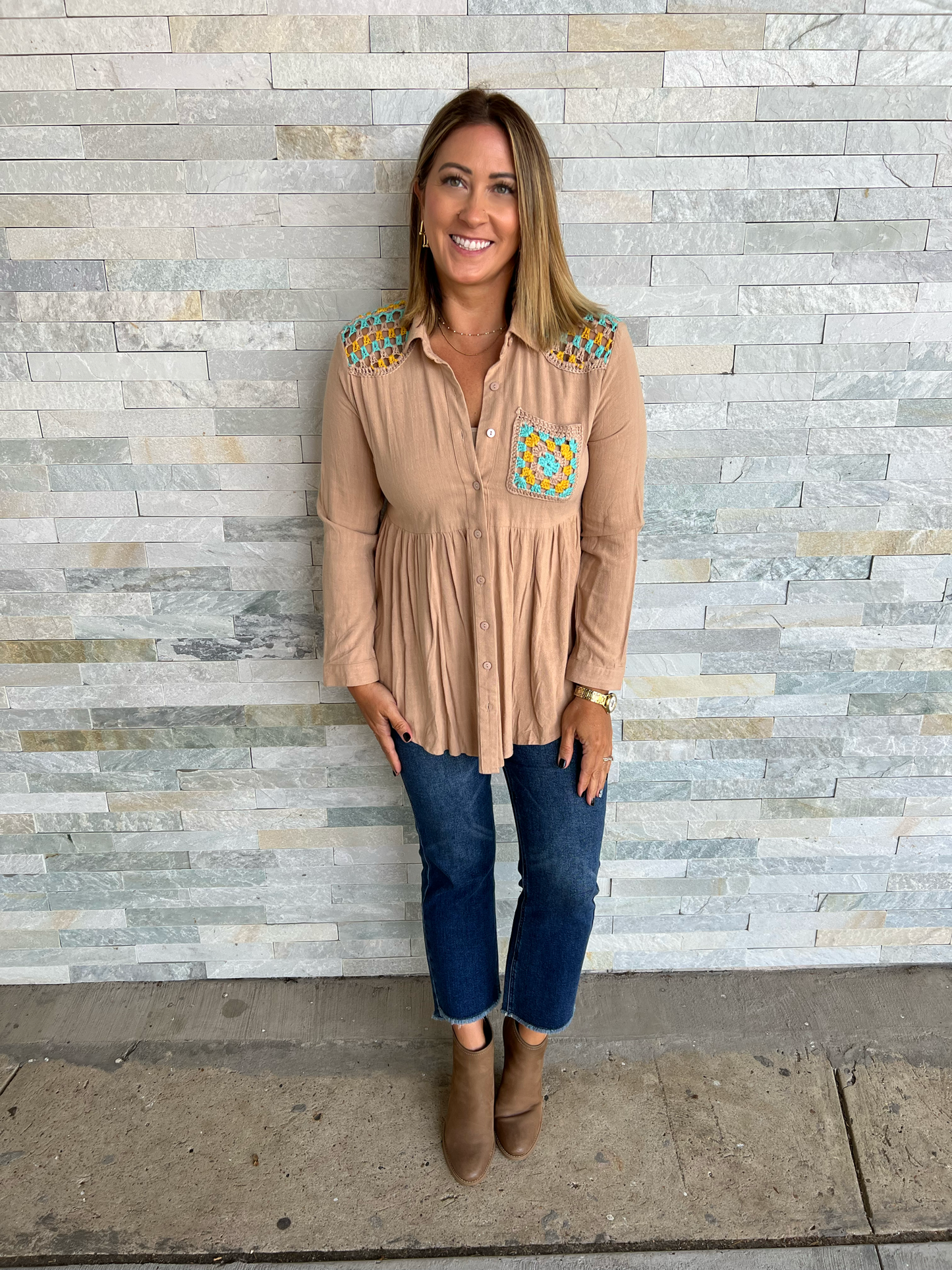 . Follow Your Arrow Tan Granny Squares Tunic