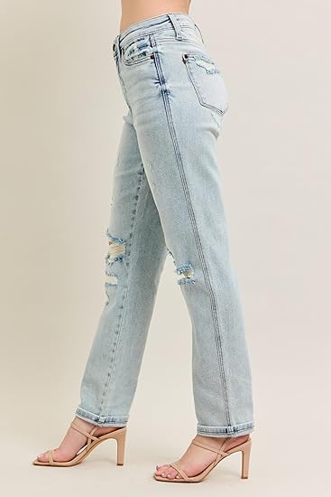 . Judy Blue MR Repair Stitch Detail Destroy Single Cuff Bf Jeans