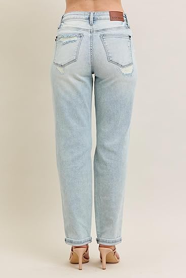 . Judy Blue MR Repair Stitch Detail Destroy Single Cuff Bf Jeans