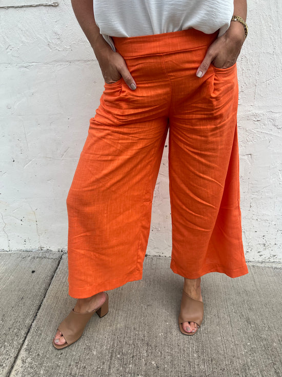 Game On Tangerine Cropped Linen Blend Pants