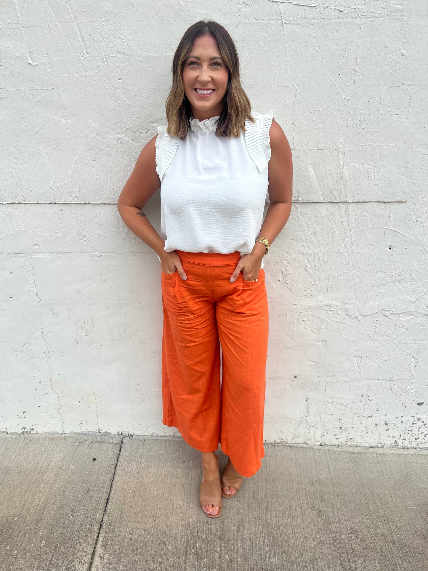 Game On Tangerine Cropped Linen Blend Pants