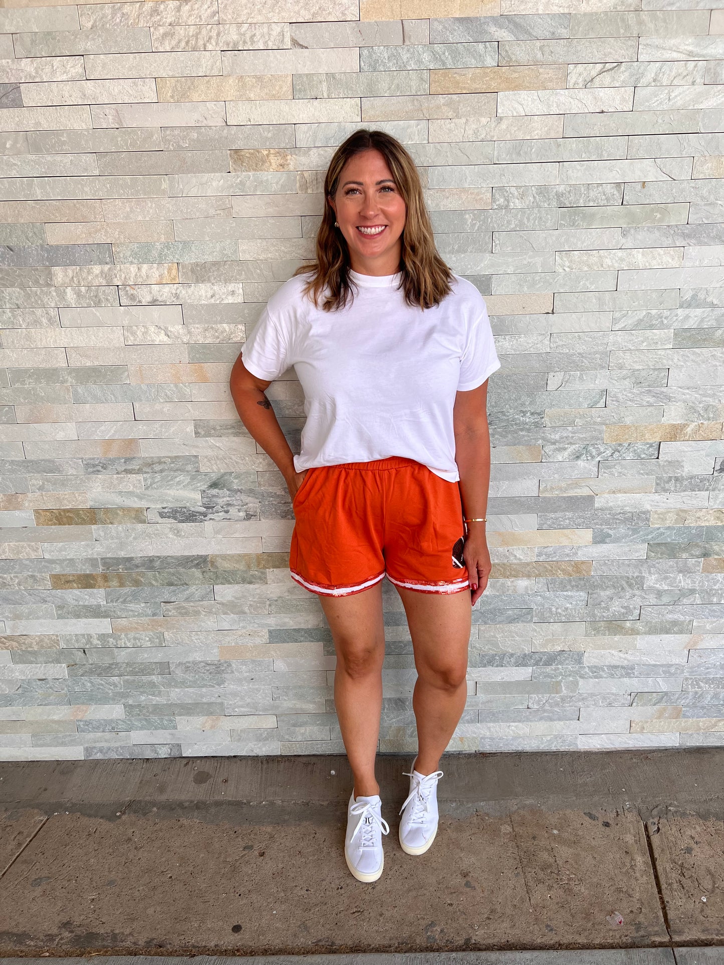 Orange Sequin Football GameDay Terry Shorts