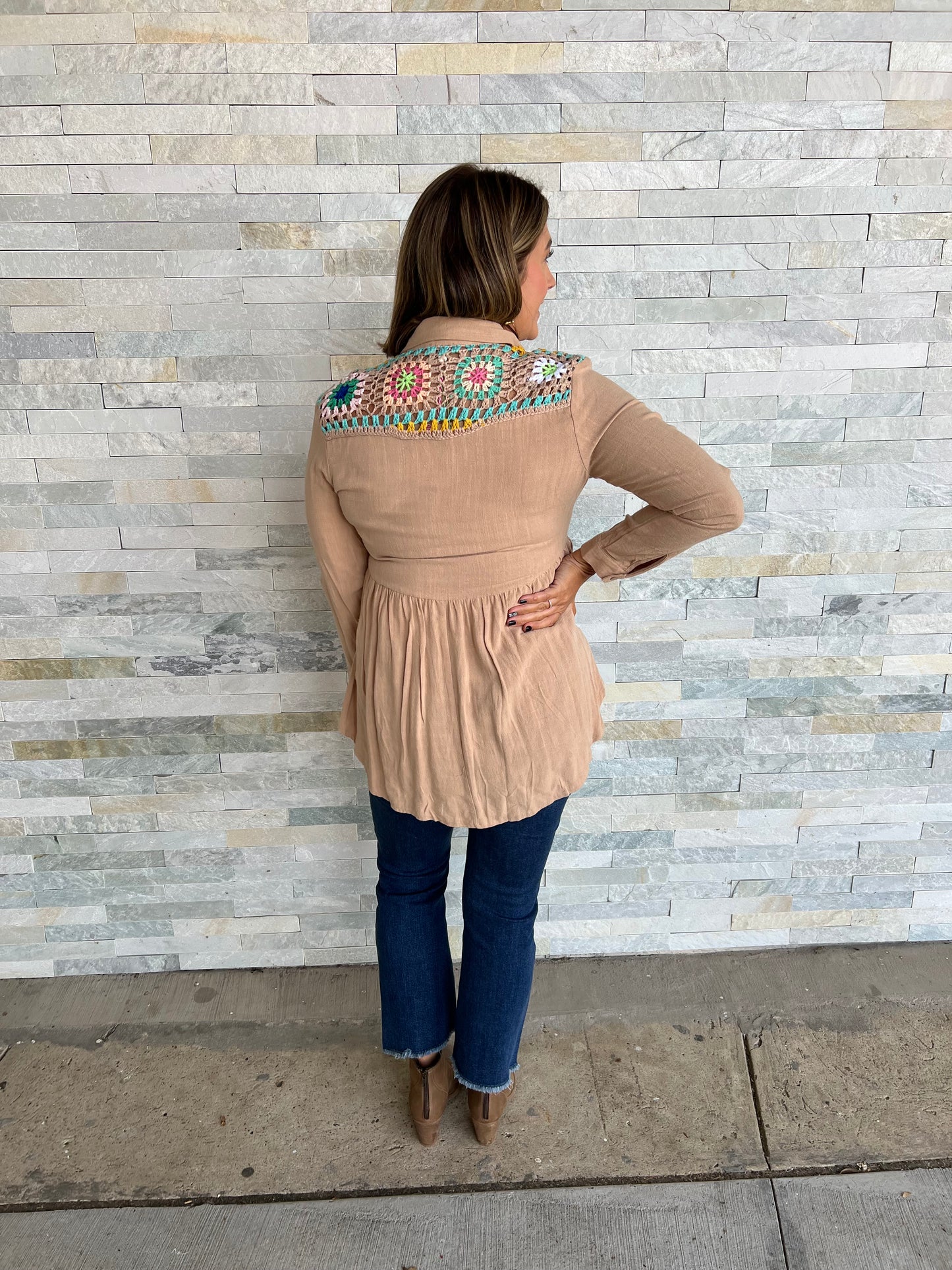 . Follow Your Arrow Tan Granny Squares Tunic