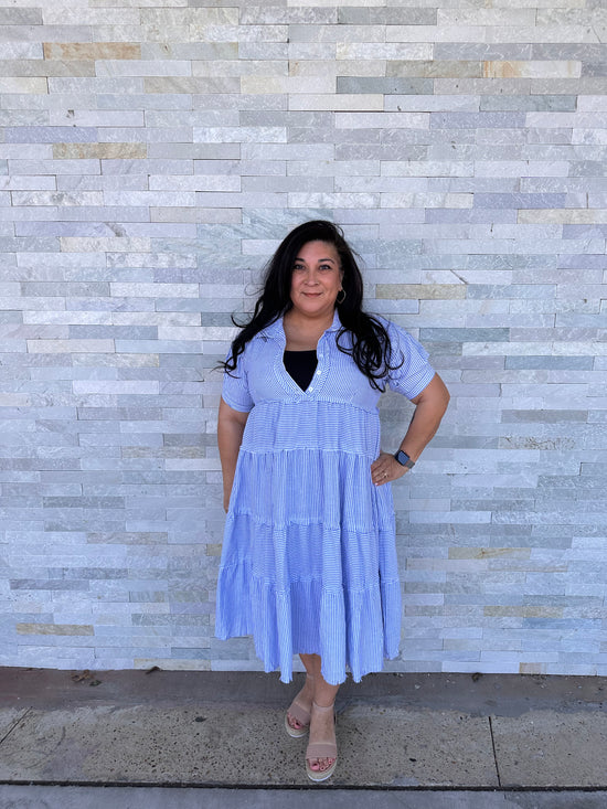 * Fun Times Blue Stripe Tiered Dress