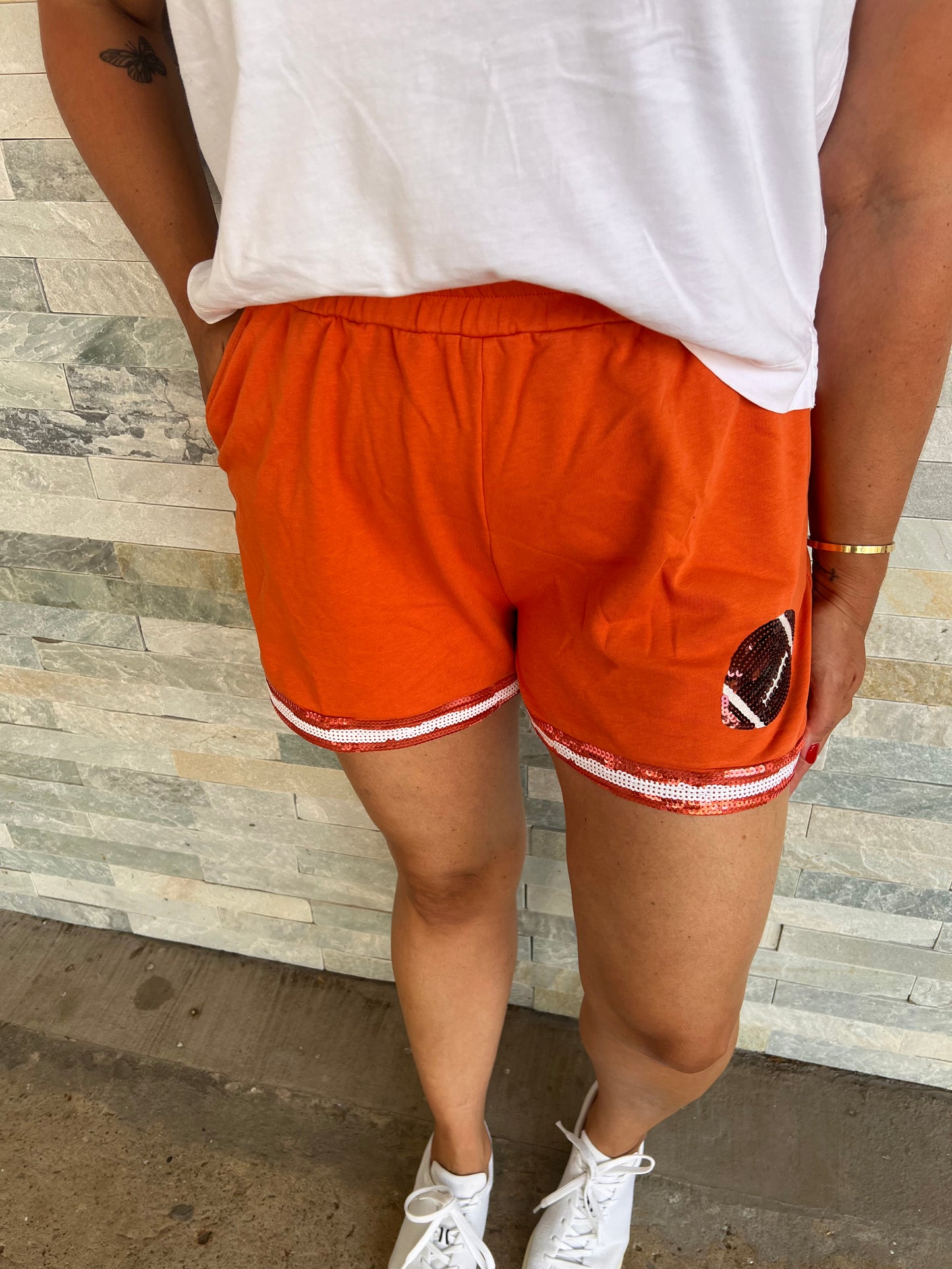 Orange Sequin Football GameDay Terry Shorts
