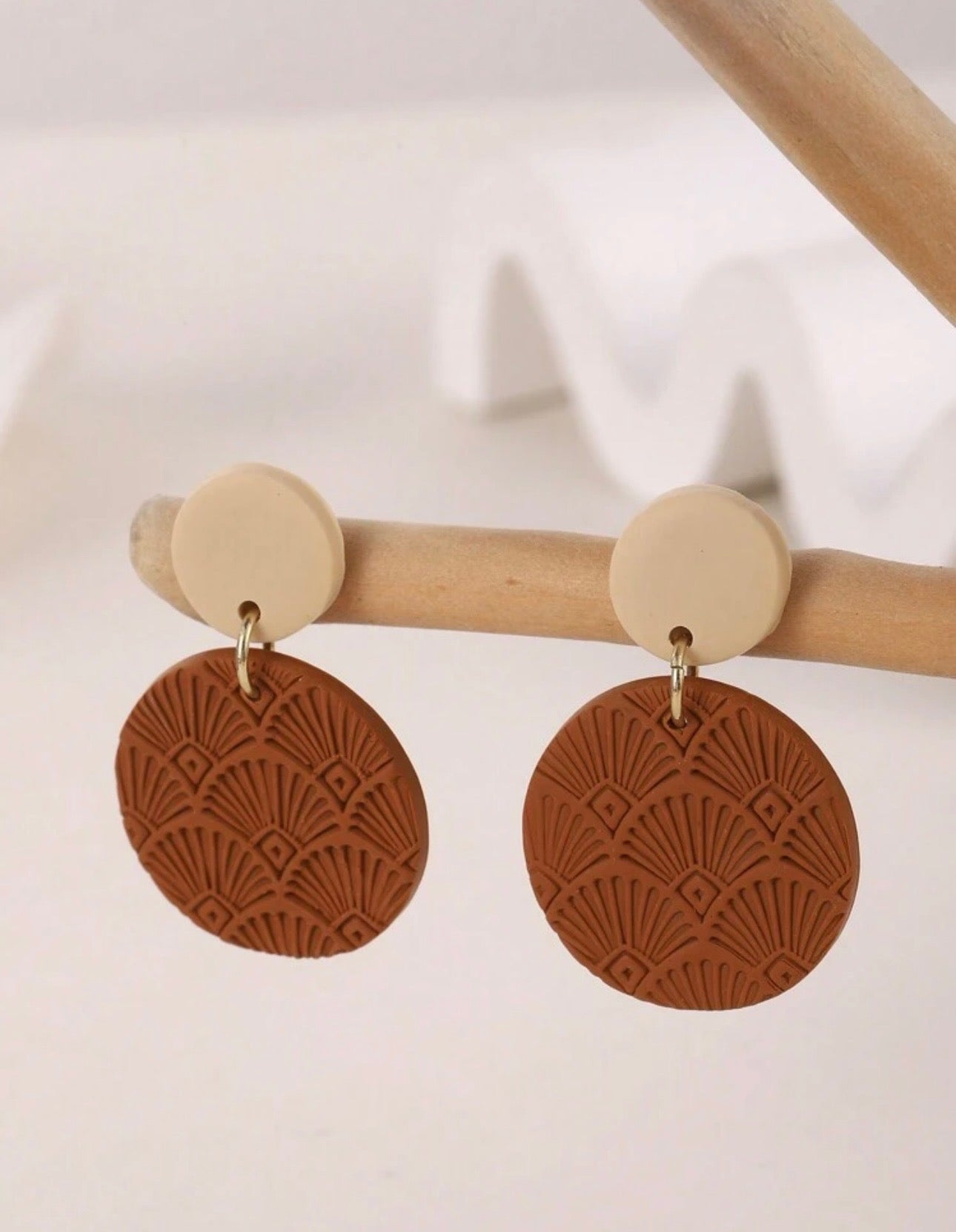 . Tribby Tan and Brown Circle Fan Earrings