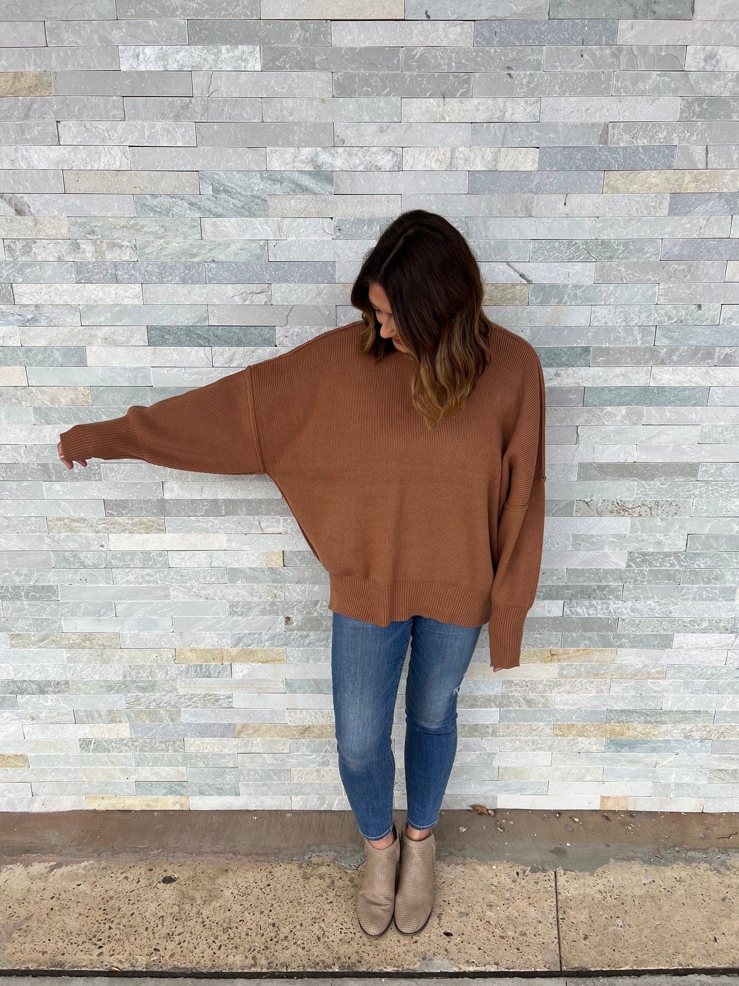 While I’m Away Camel Side Slit Oversized Sweater