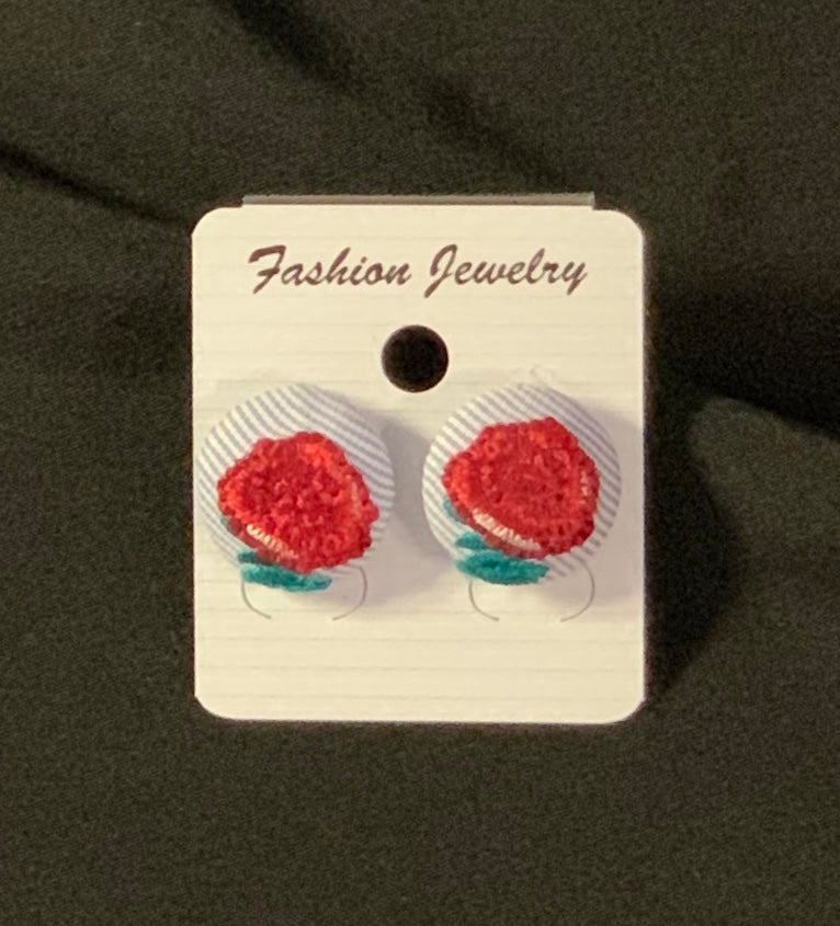 Red Rose and Pinstripe Button Earrings