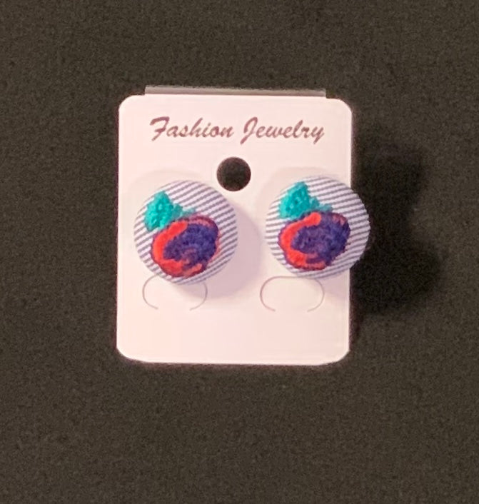 Orange Flower and Pinstripe Button Earrings