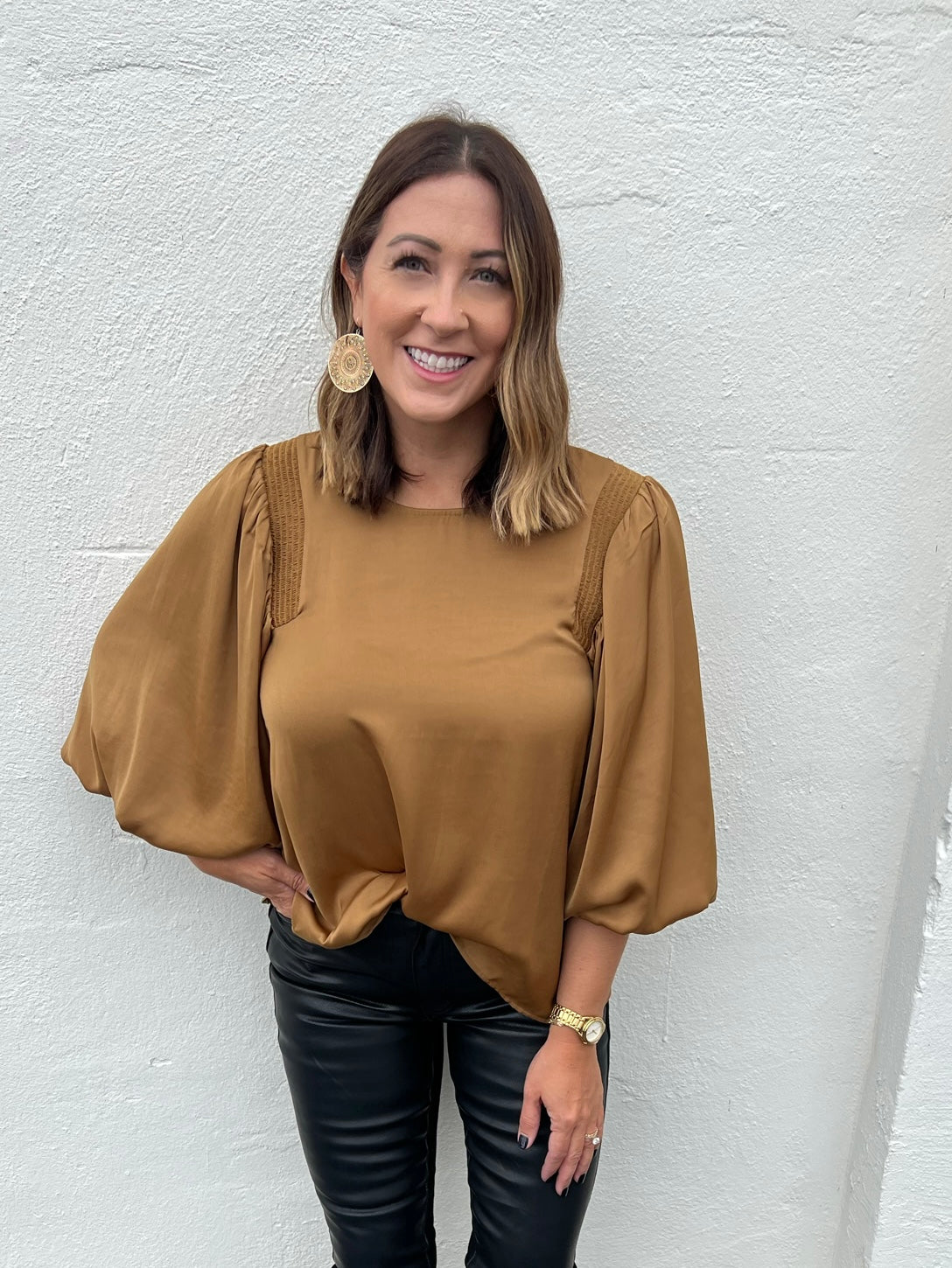 Beyond Me Toffee Flare Top with Bubble Sleeve