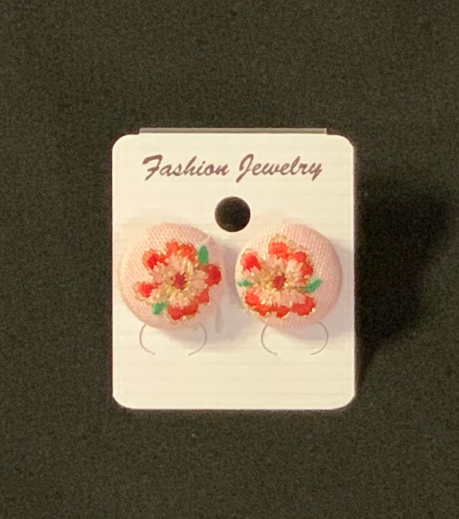 Pink with Flower Button Earrings