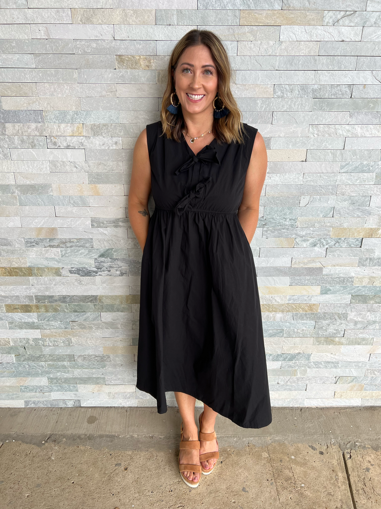 . Lucky To Have You Black Sleeveless Dress with Bows