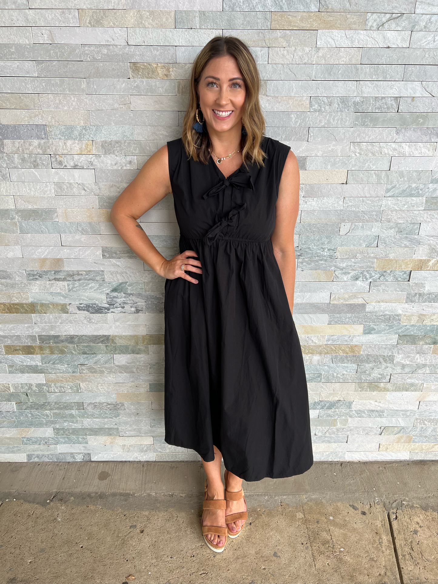 . Lucky To Have You Black Sleeveless Dress with Bows