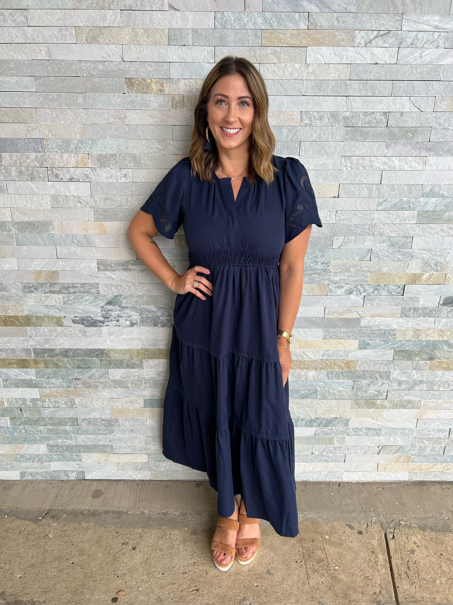 . Boho Vibes Navy Embellished Cap Sleeve Dress