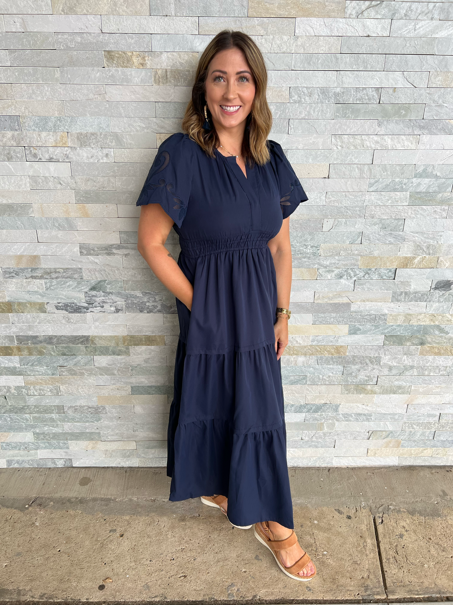 . Boho Vibes Navy Embellished Cap Sleeve Dress