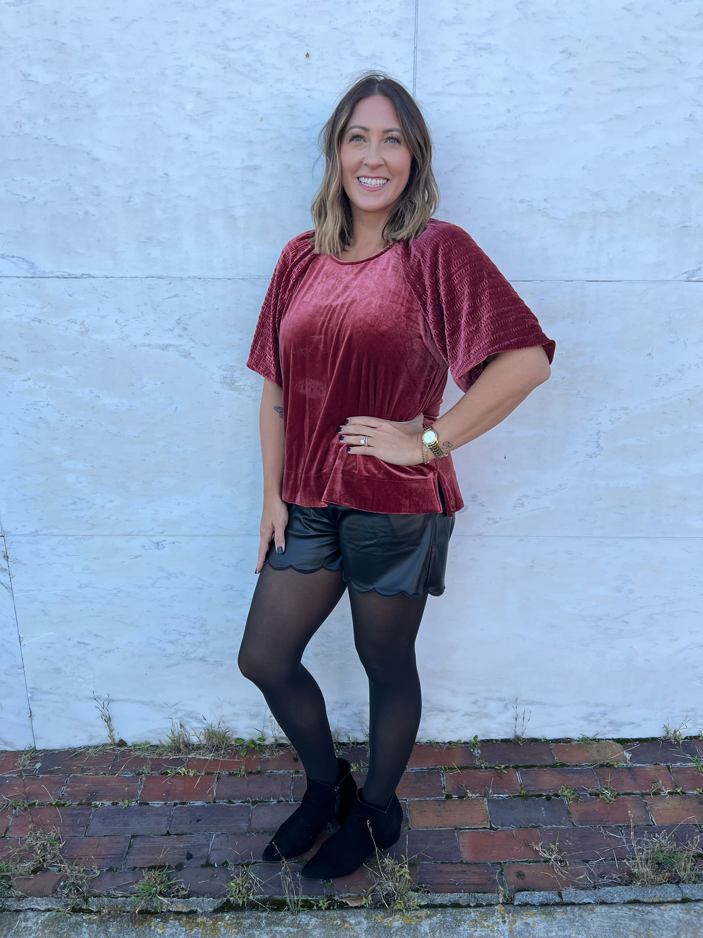 Rosewood Smocked Bubble Sleeve Velvet Top