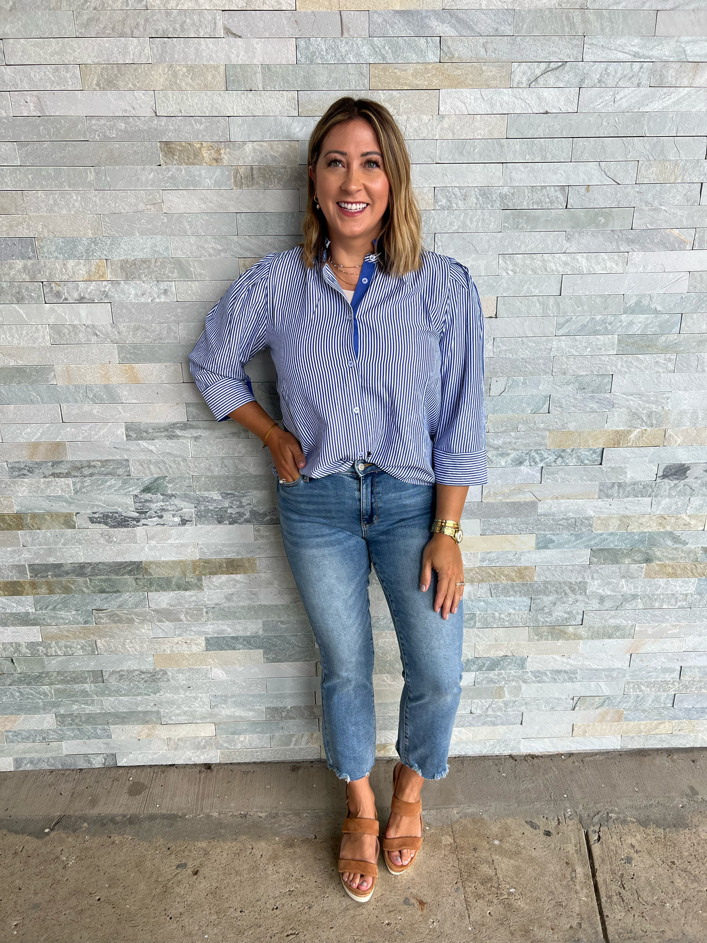 . Take It Slow Ruffle Neck Pinstripe Blouse
