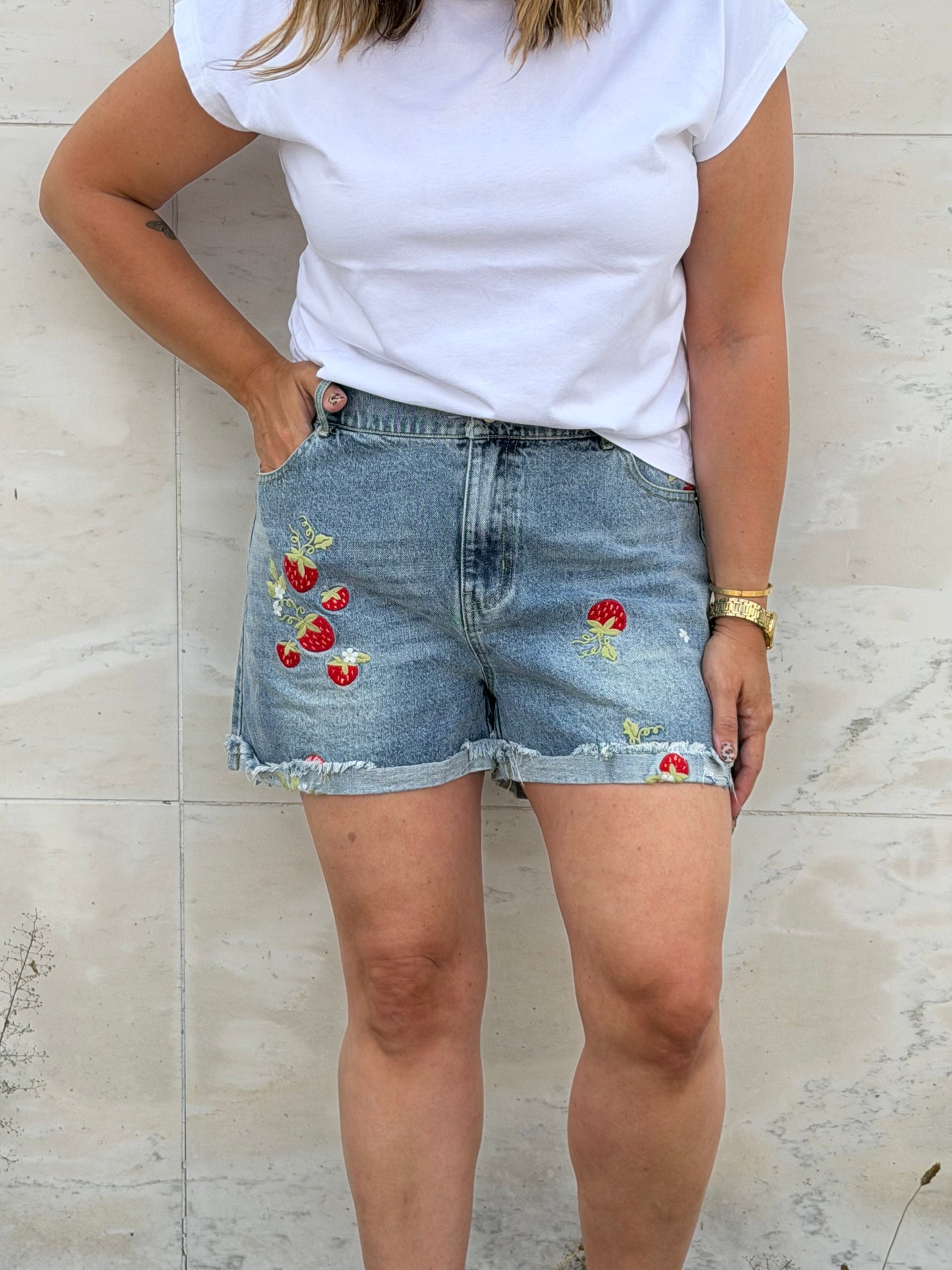 Strawberry Embroidered Jean Shorts