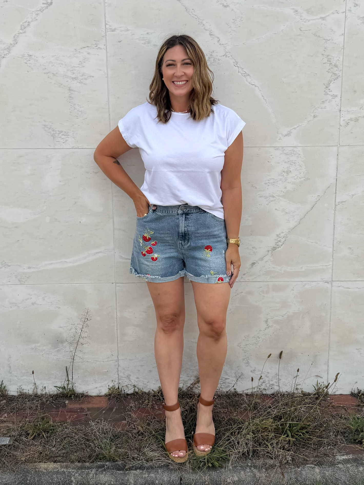 Strawberry Embroidered Jean Shorts