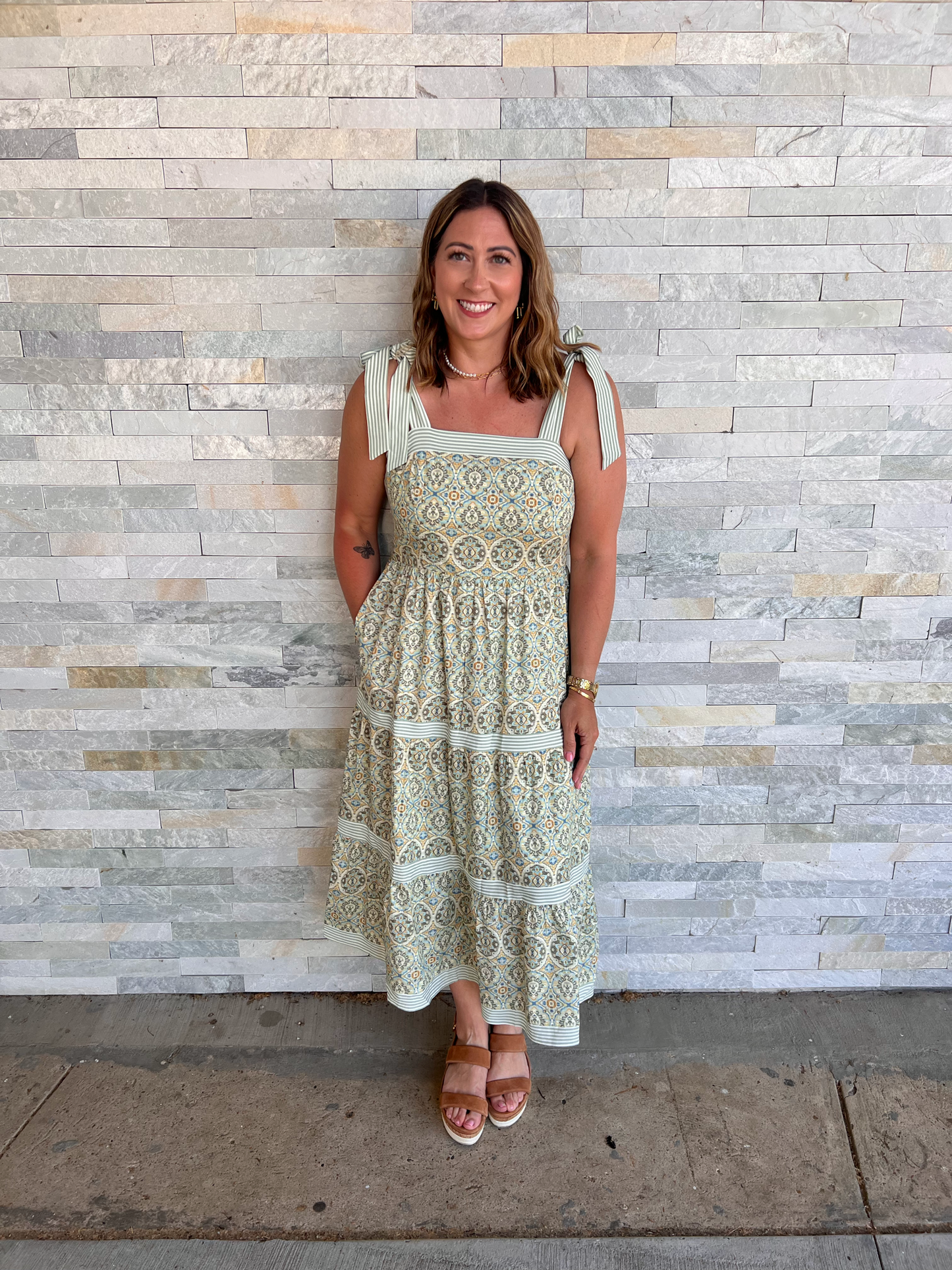Romantic Bliss Sage Mix Tie Strap Dress