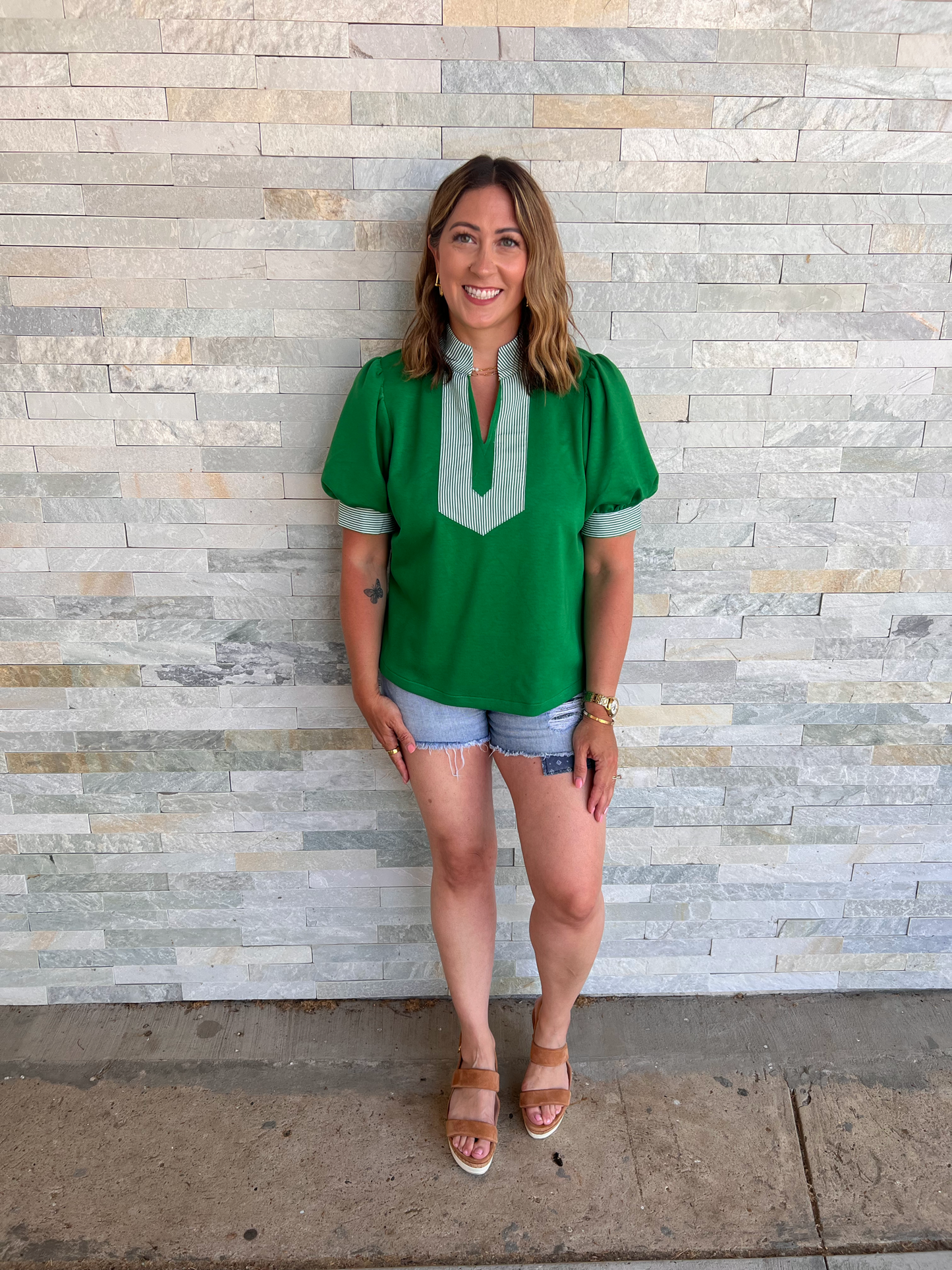 Simple Joy Green Top with Stripe Accents