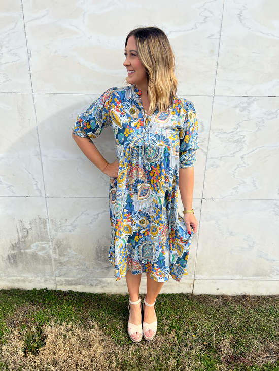 Load image into Gallery viewer, * In The Sunshine Blue Mix Print Dress

