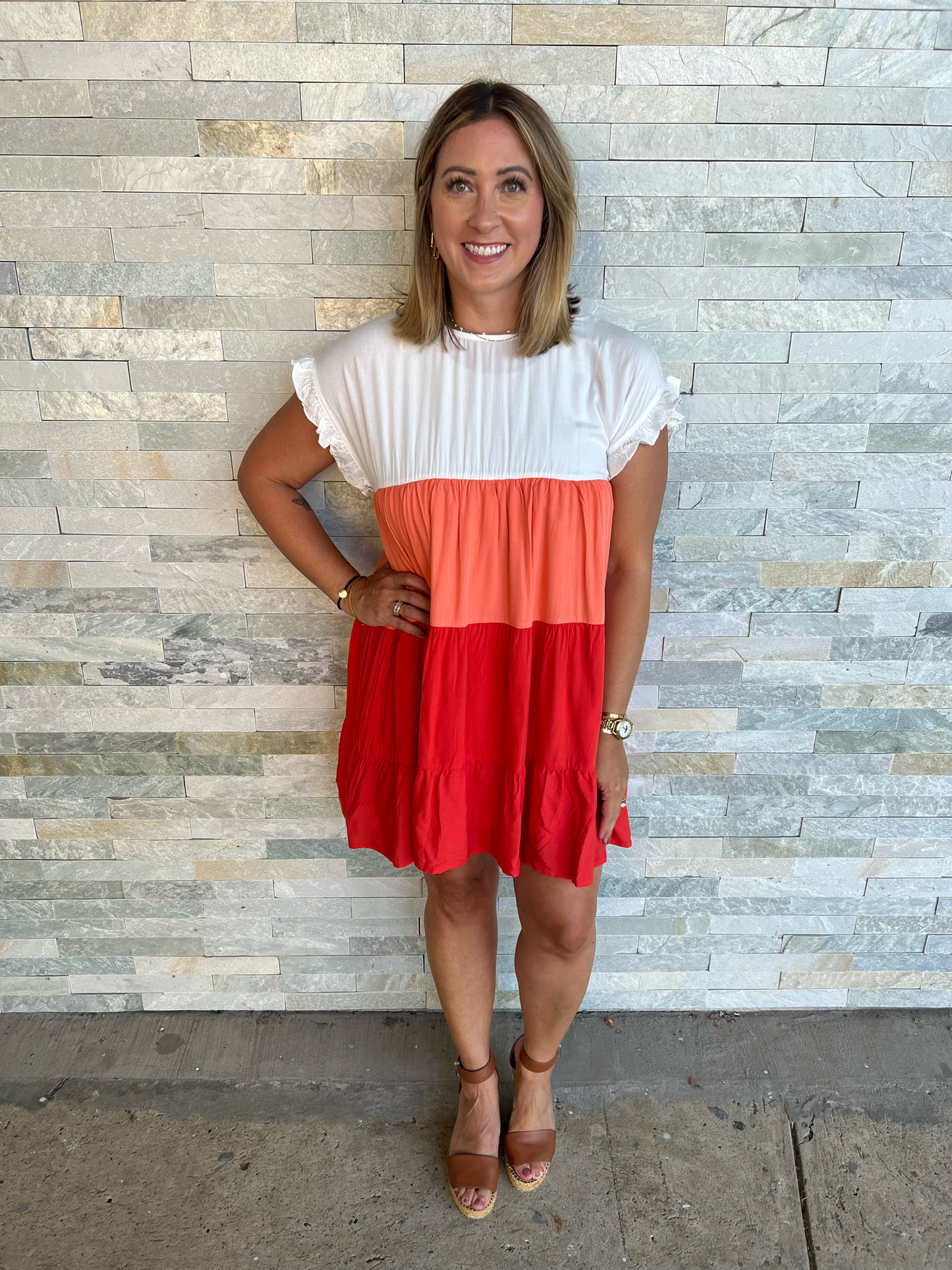 Simply Fun Color Block Dress with Ruffle Sleeve