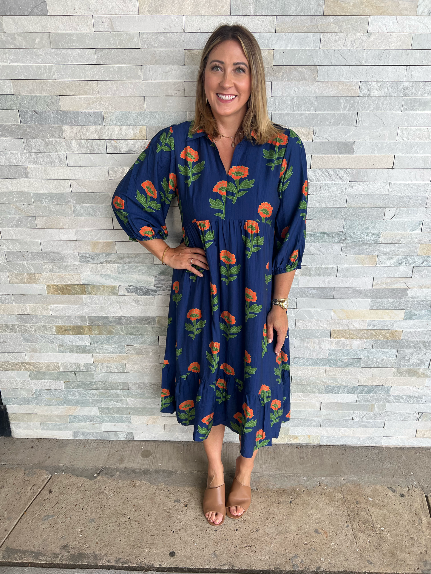 . Happy To Be Here Navy Mix Midi Dress