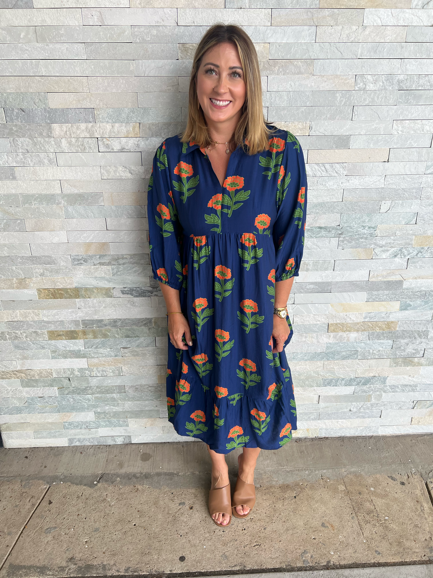 . Happy To Be Here Navy Mix Midi Dress