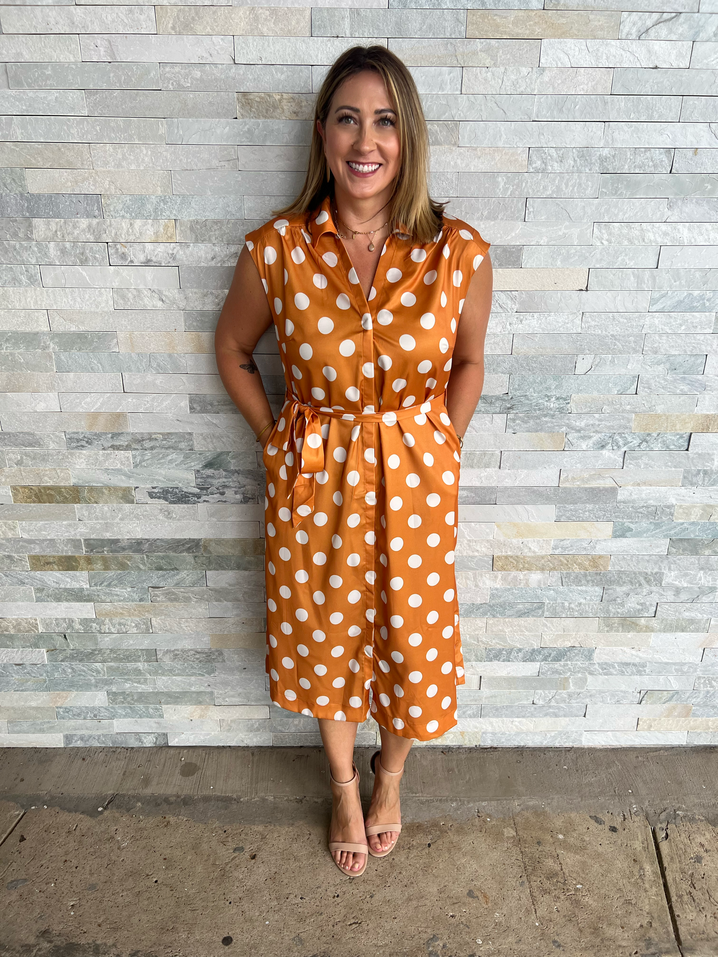 . Lucky To Have Ochre Polka Dot Dress