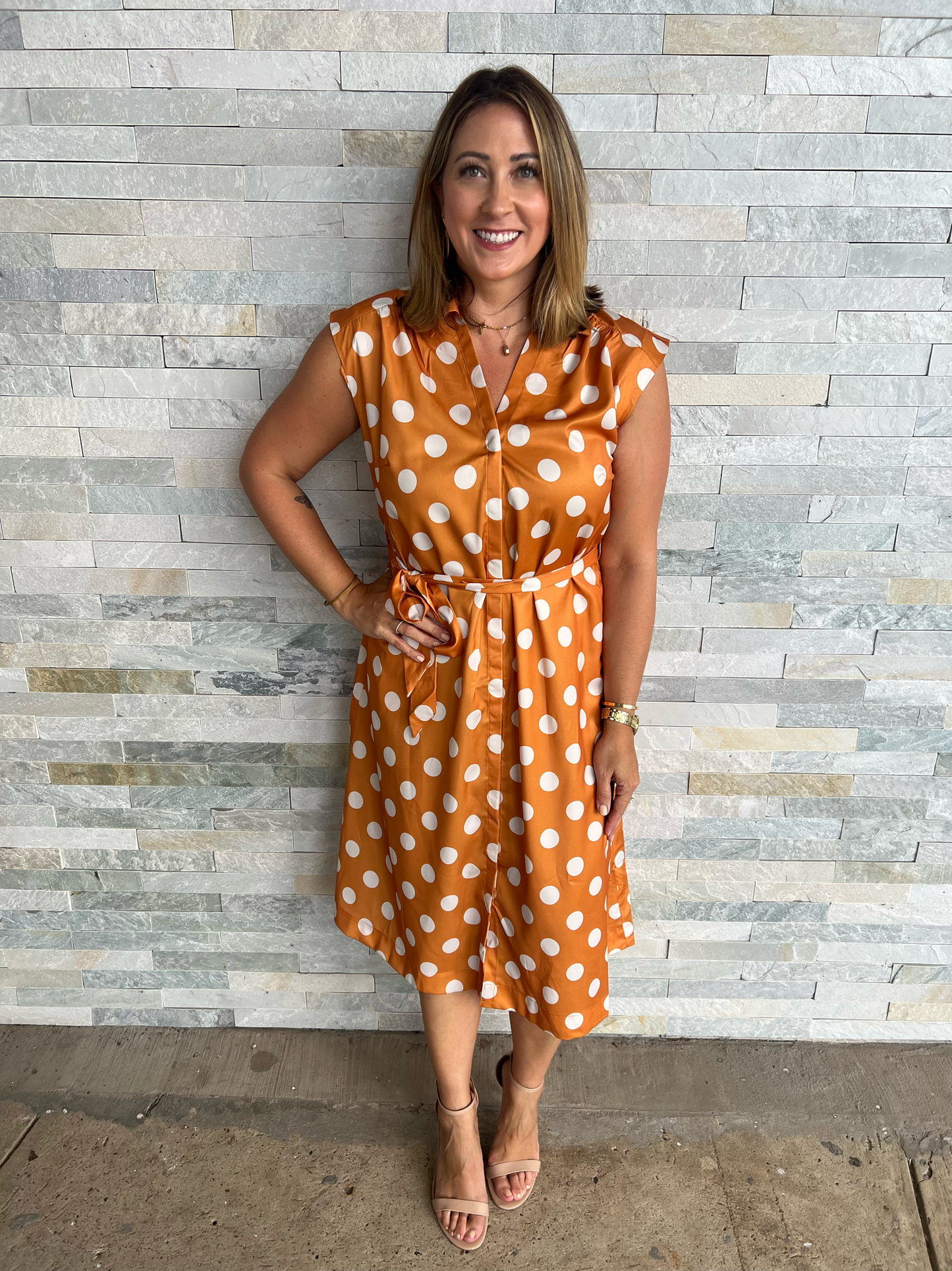 . Lucky To Have Ochre Polka Dot Dress