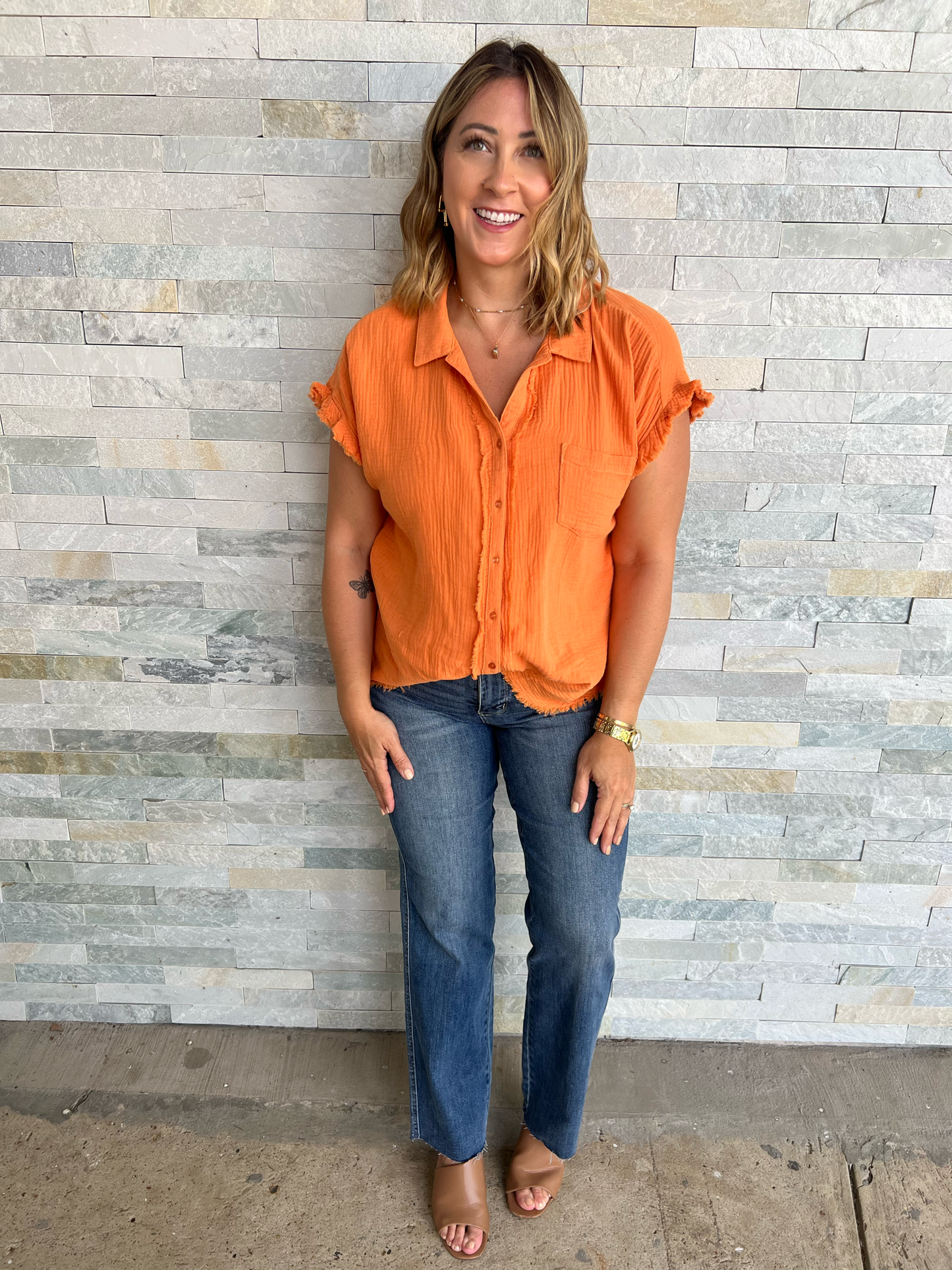 Jane Papaya Frayed Edge Top