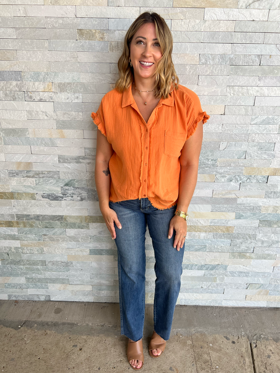 Jane Papaya Frayed Edge Top