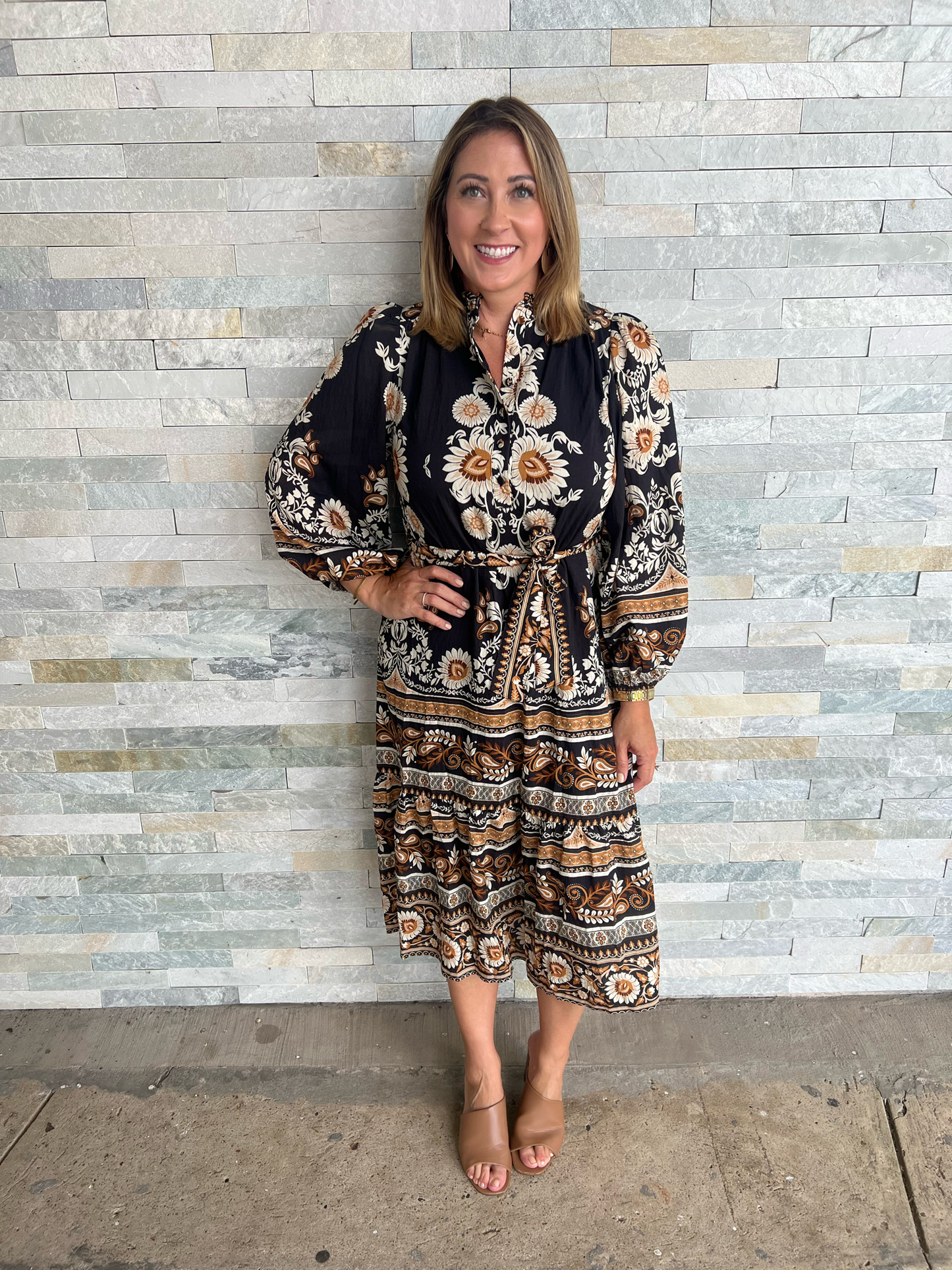 . Always In Style Black Floral Print Midi Dress