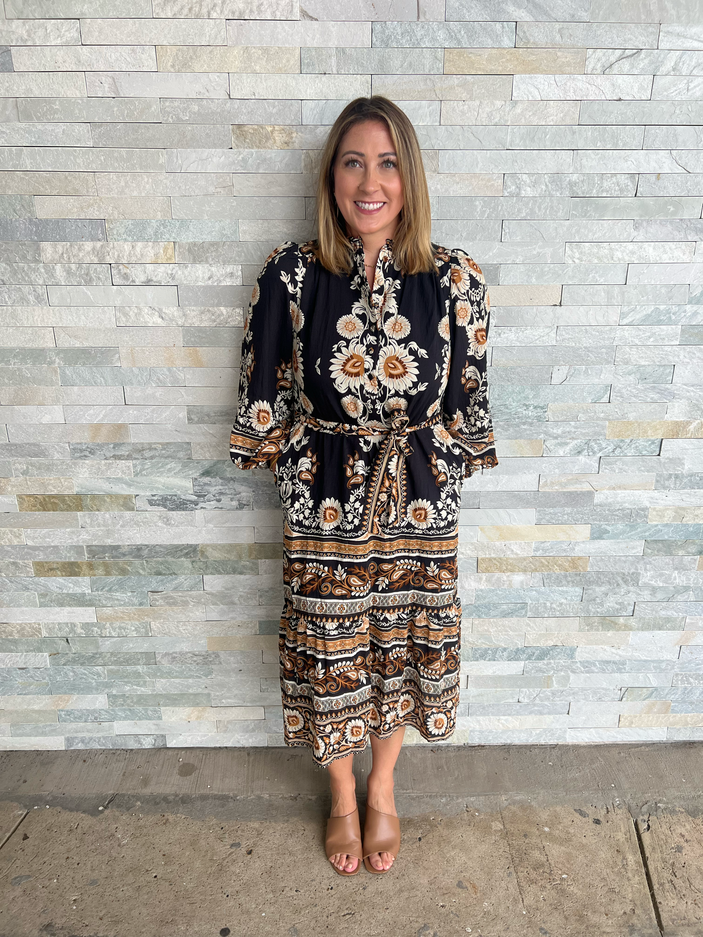 . Always In Style Black Floral Print Midi Dress