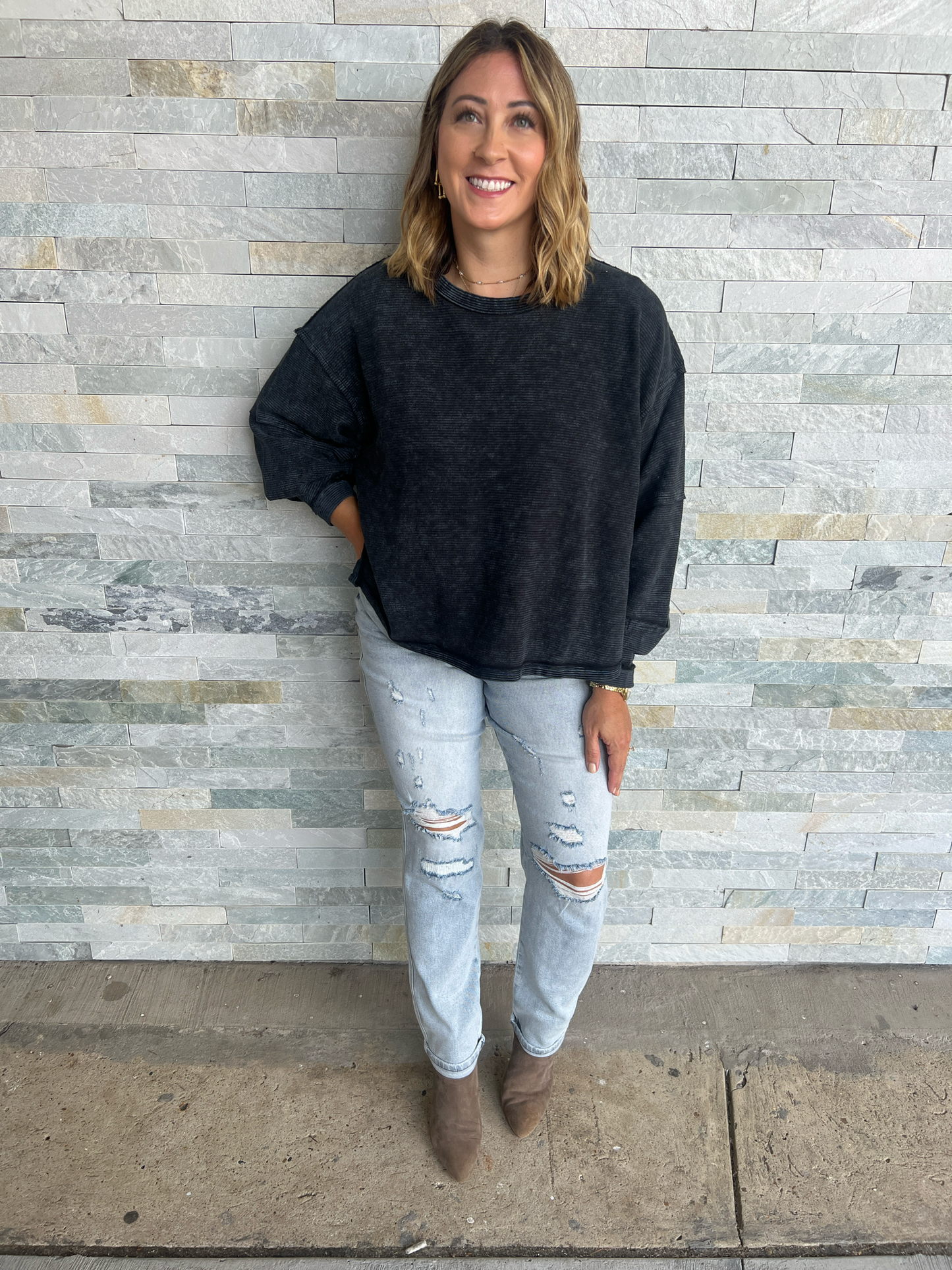 . Delaney Ribbed Acid Washed Sweatshirt