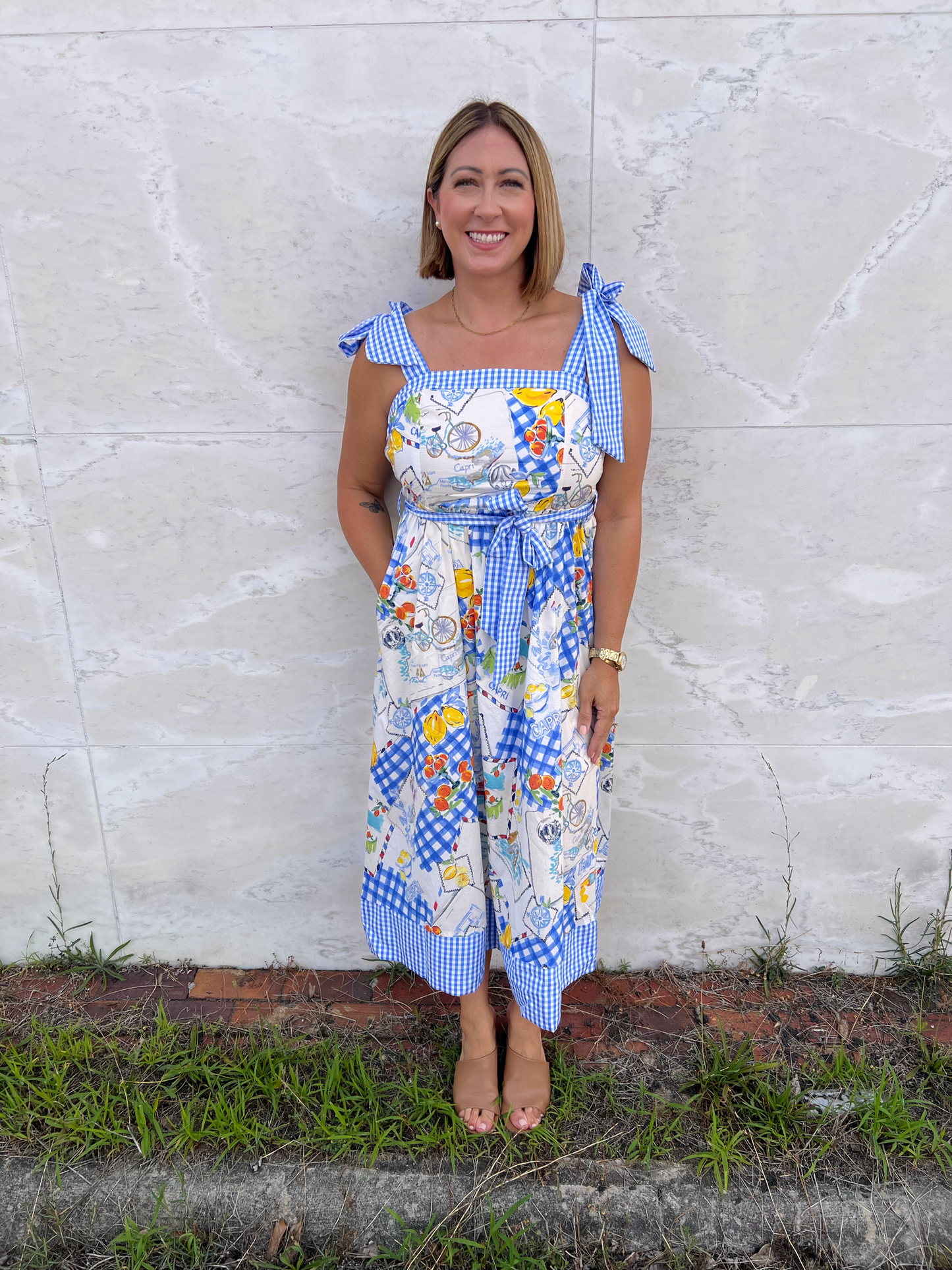 Honey Blossom Blue Lemon Print Dress