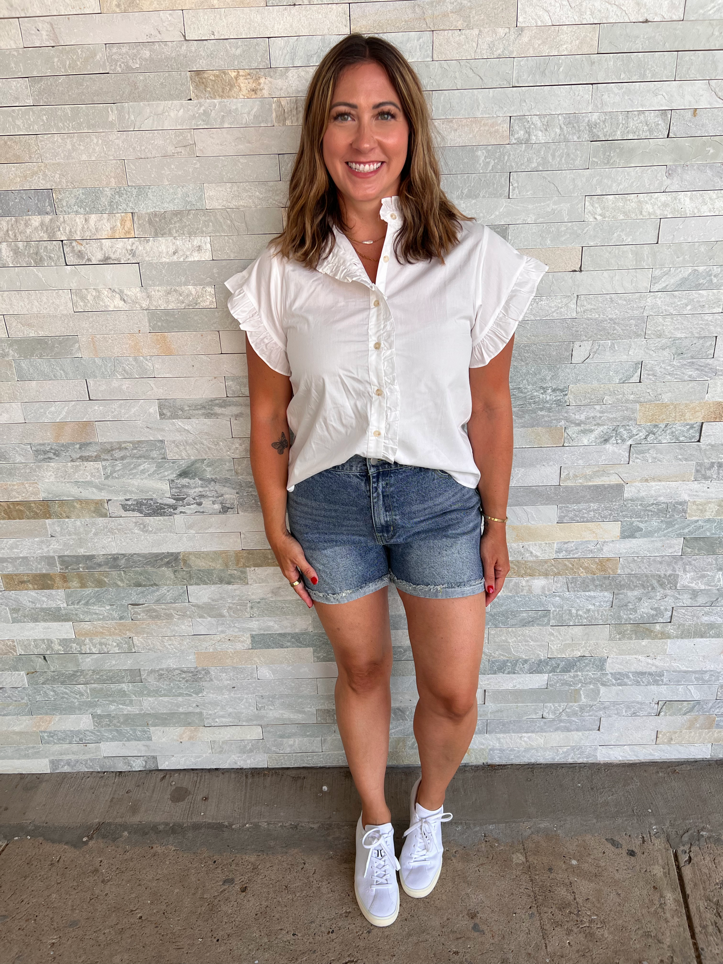 Wild Honey White Ruffle Mock Neck Button Down Top