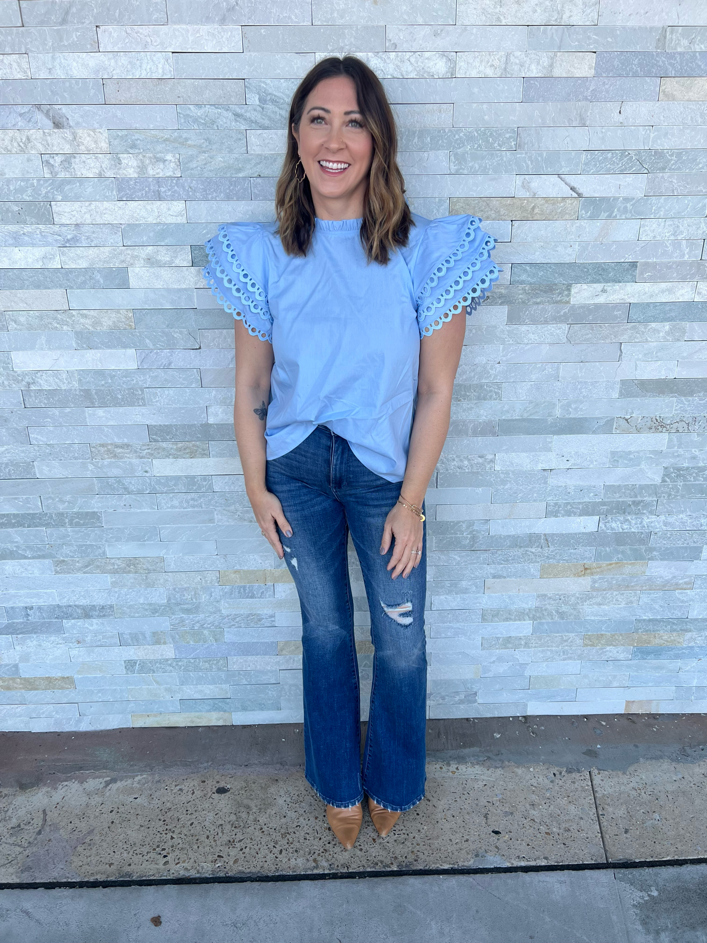 . Flirty Sky Blue Eyelet Trim Cap Sleeve Top