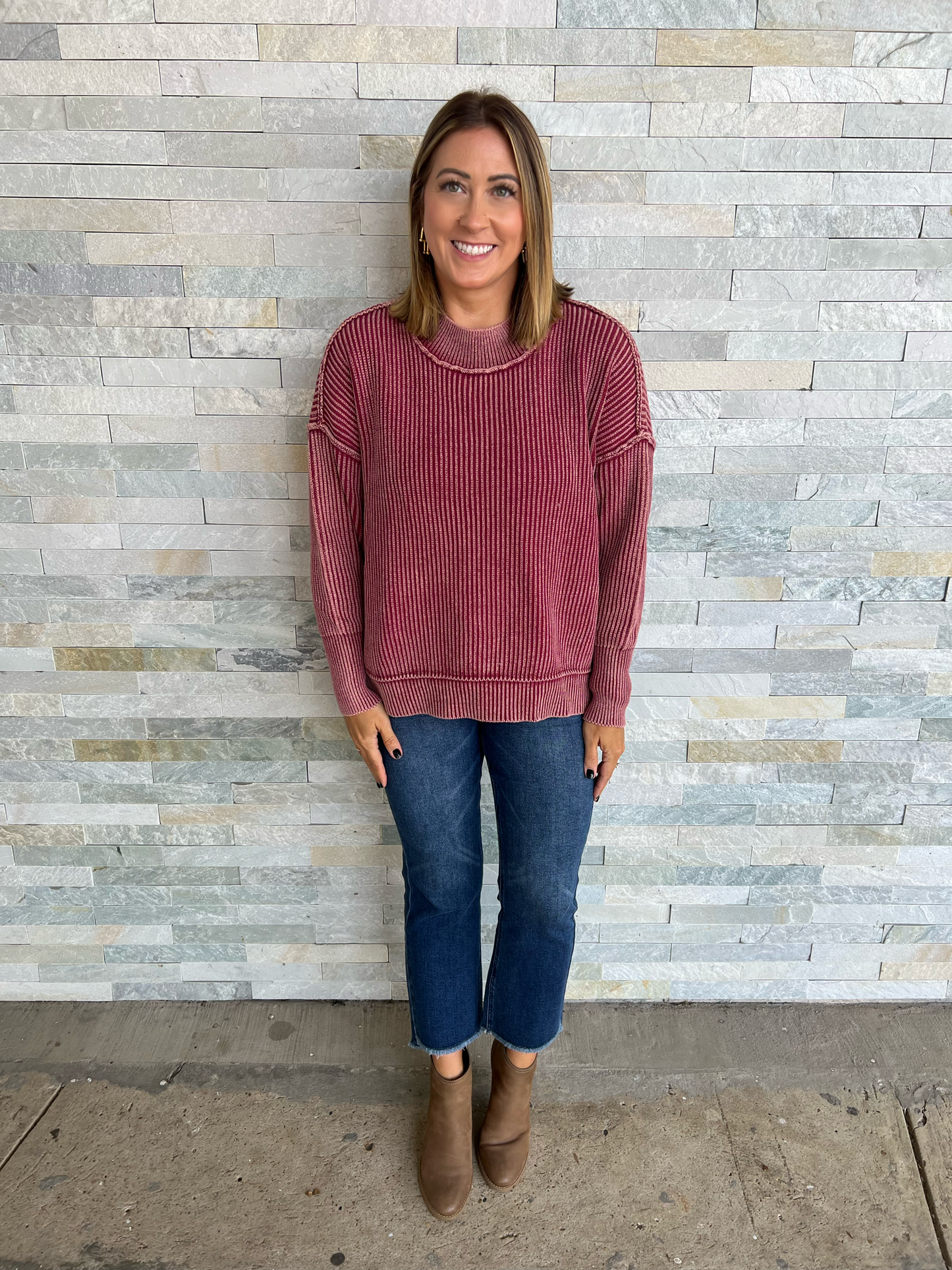 . Brit Washed Side Slit Oversized Sweater