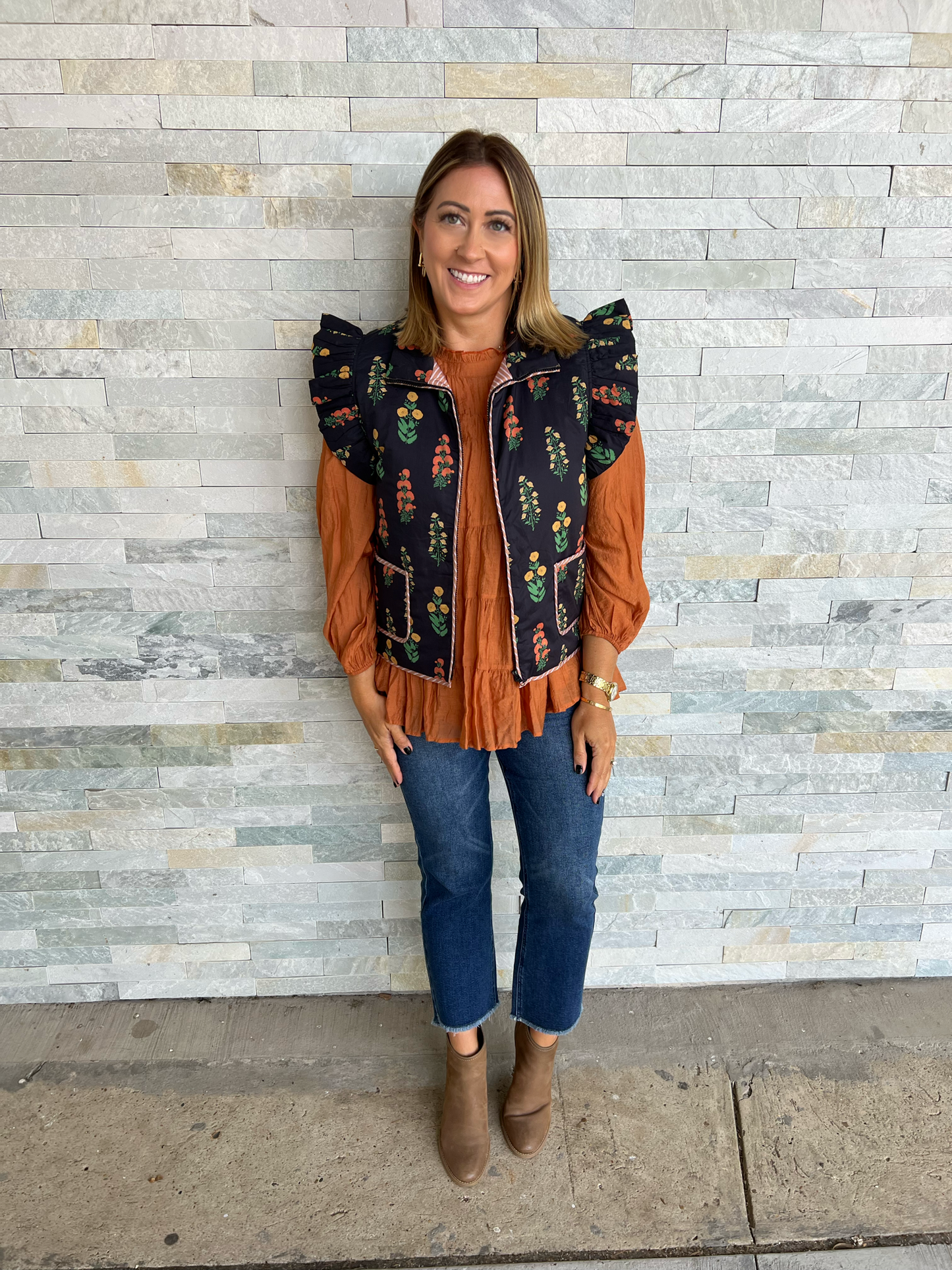 Wildflower Lane Floral Print Puffy Vest