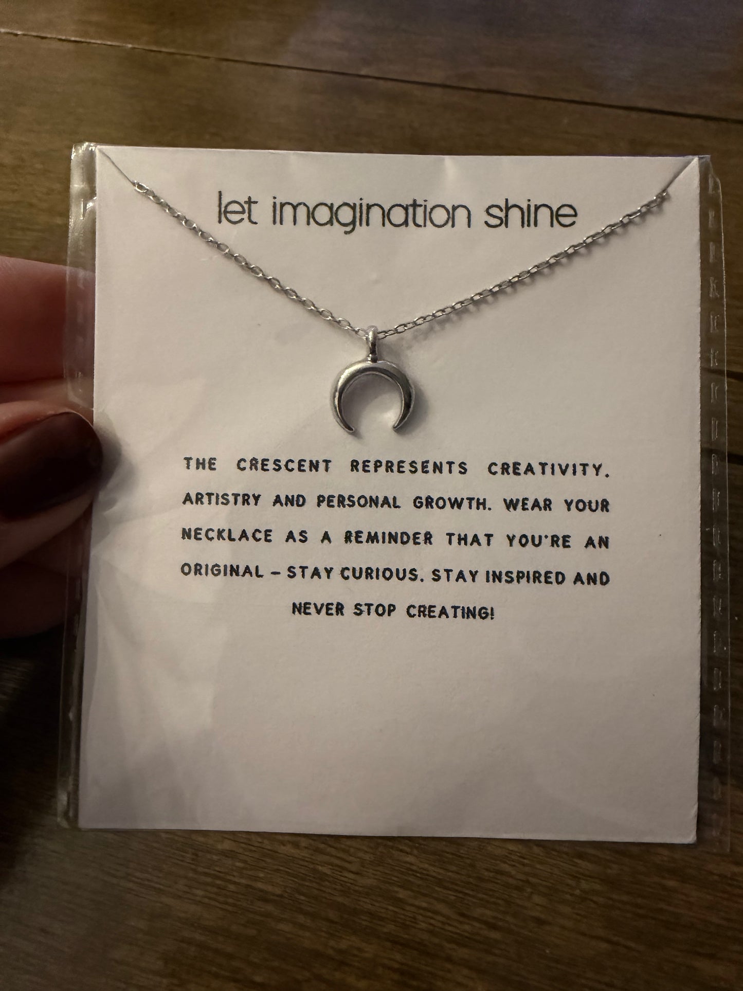 . Let Imagination Shine Crescent card Necklace
