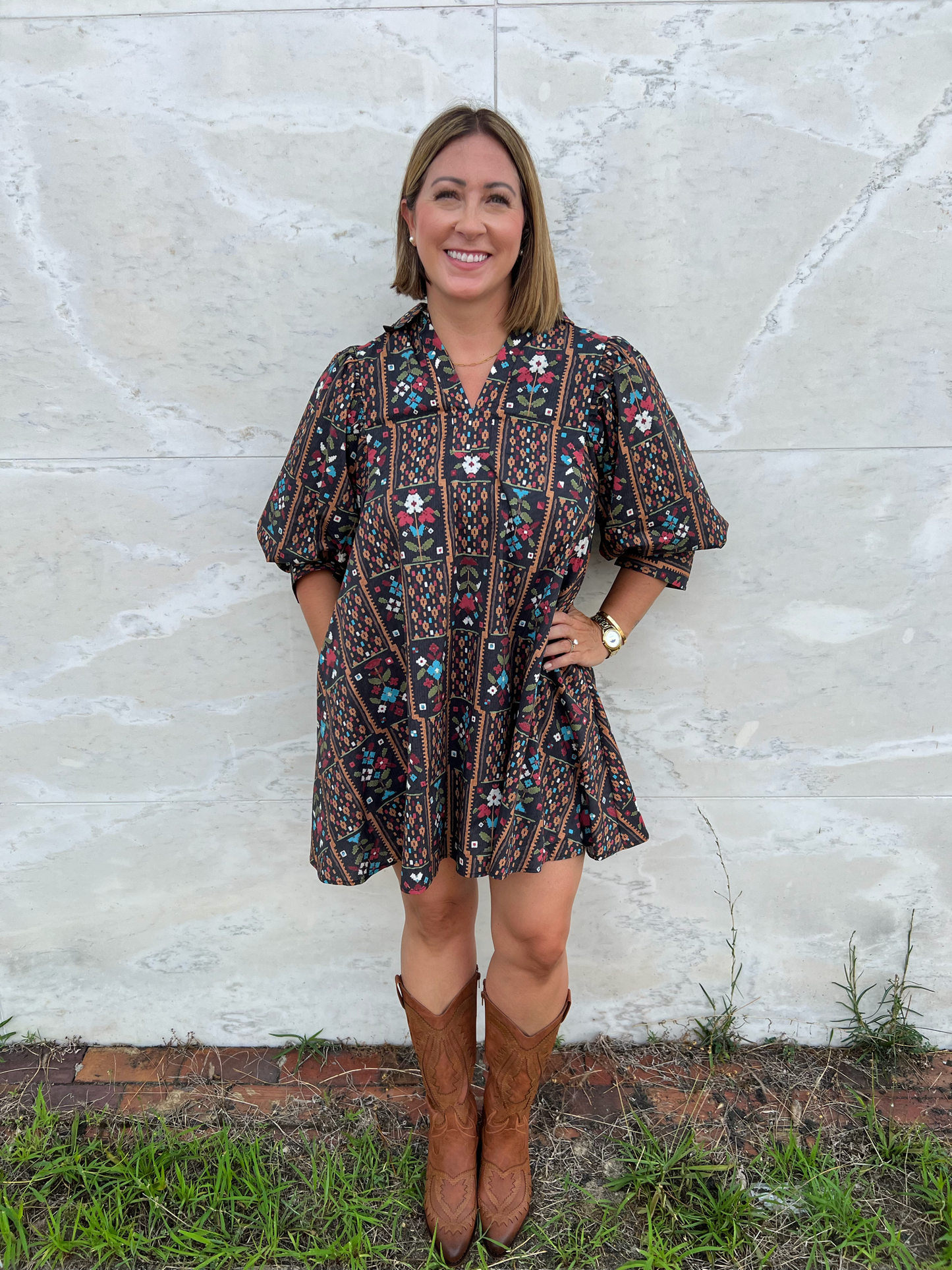 Verona Black Floral Pattern Swing Dress